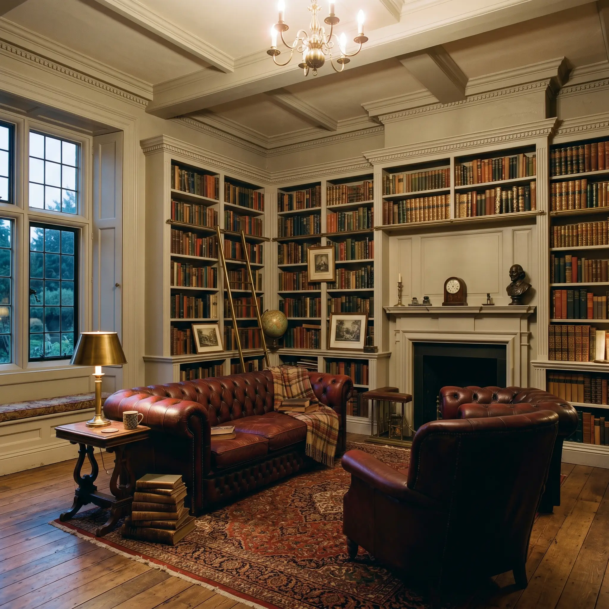 Built-in shelving, trim, and ceilings are entirely color-drenched in Farrow & Ball Ammonite, enveloping rich burgundy leather seating and curated vintage literature.