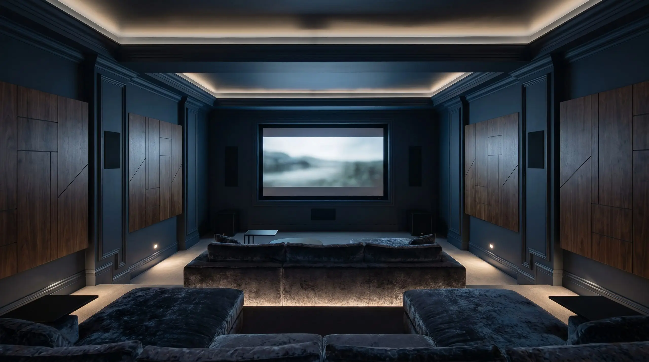 Plush crushed velvet lounge seating and dark walnut acoustic panels fill a cinematic home theater completely color-drenched in Dulux Slow Swing (Hex #2C3241).