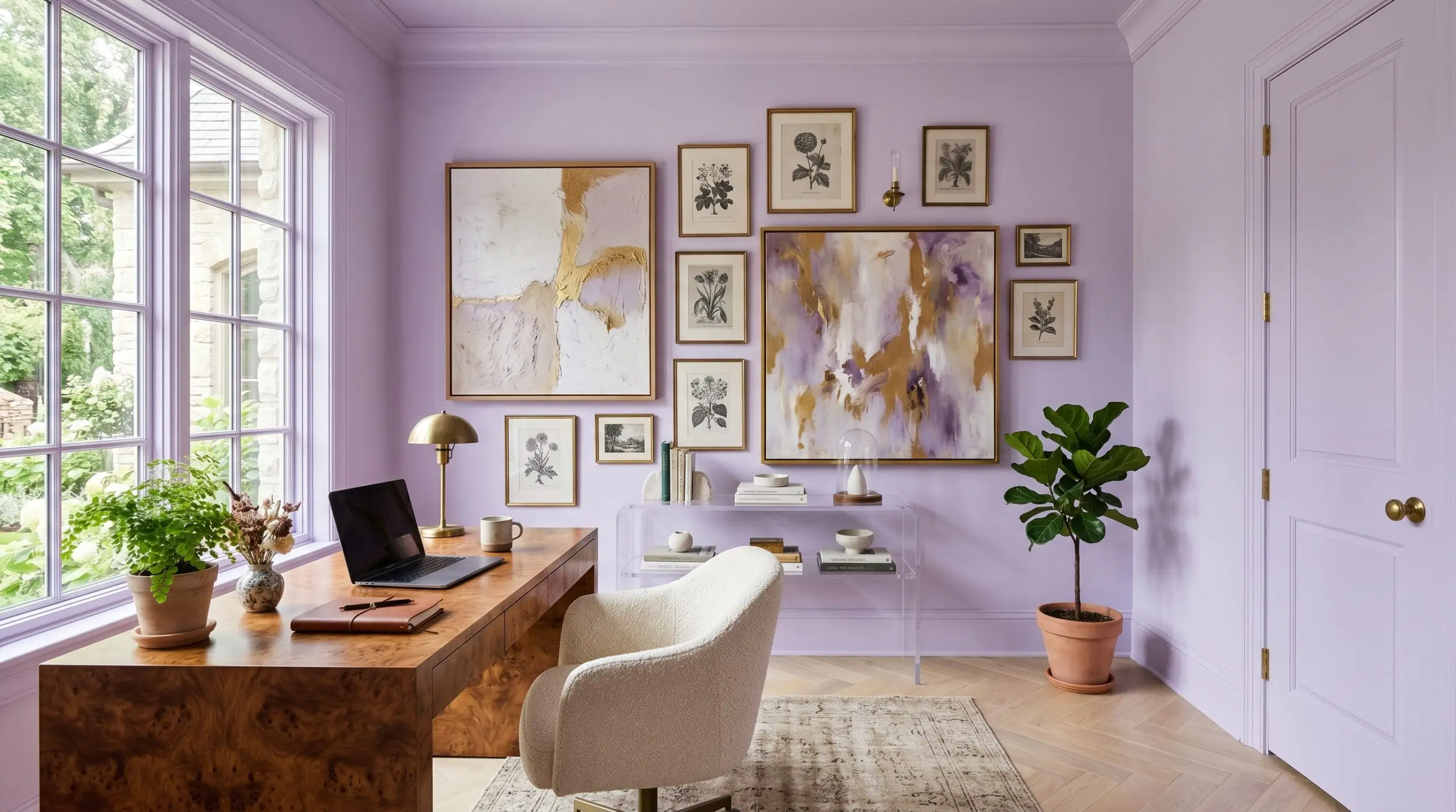 A high-end creative home office is seamlessly color-drenched in Benjamin Moore Lily Lavender (Hex #DBCEE8), centering around a burl wood desk and an asymmetrical gallery wall.