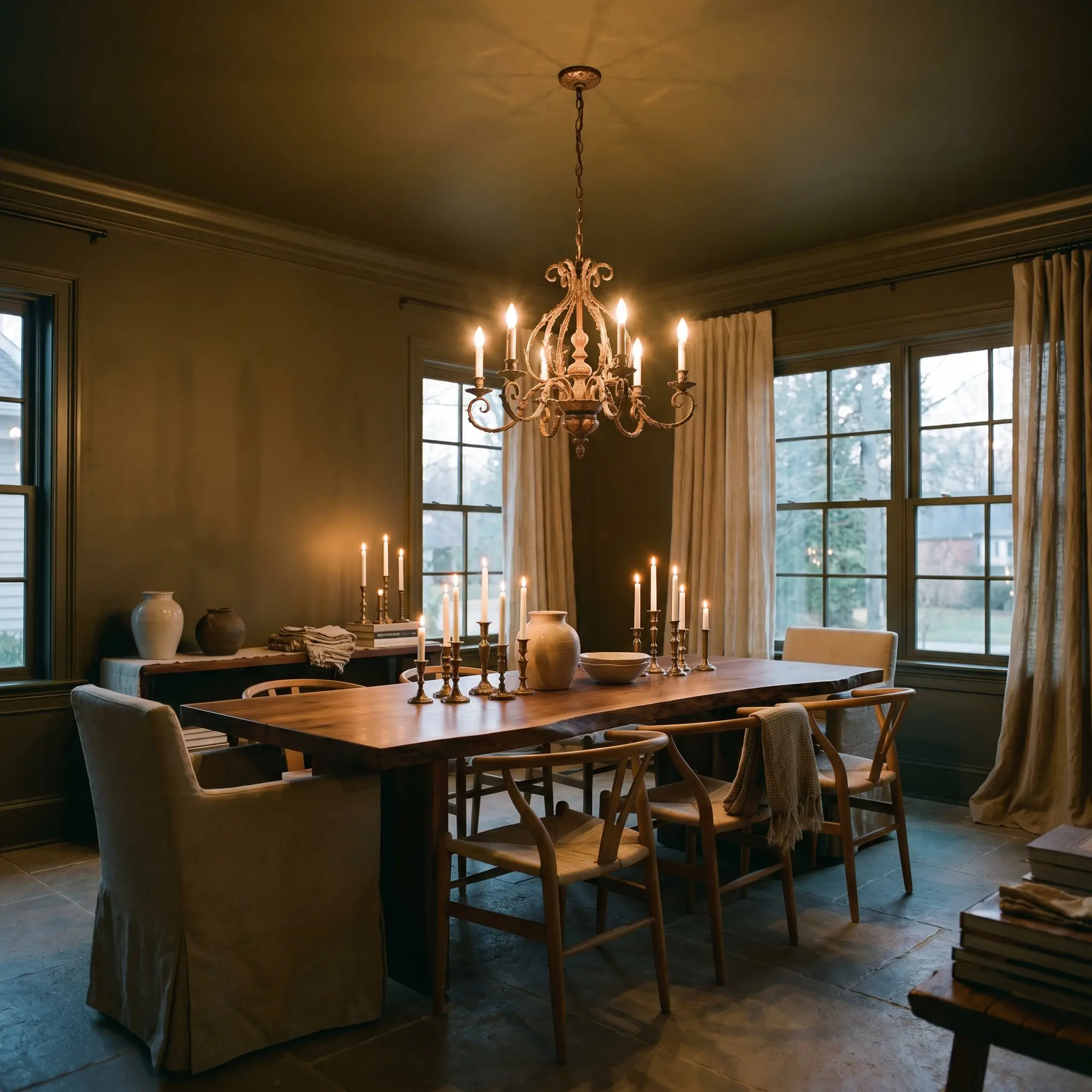 A color-drenched dining room painted in Farrow & Ball Treron features a live-edge dining table, slipcovered wishbone chairs, and a striking oxidized bronze chandelier.