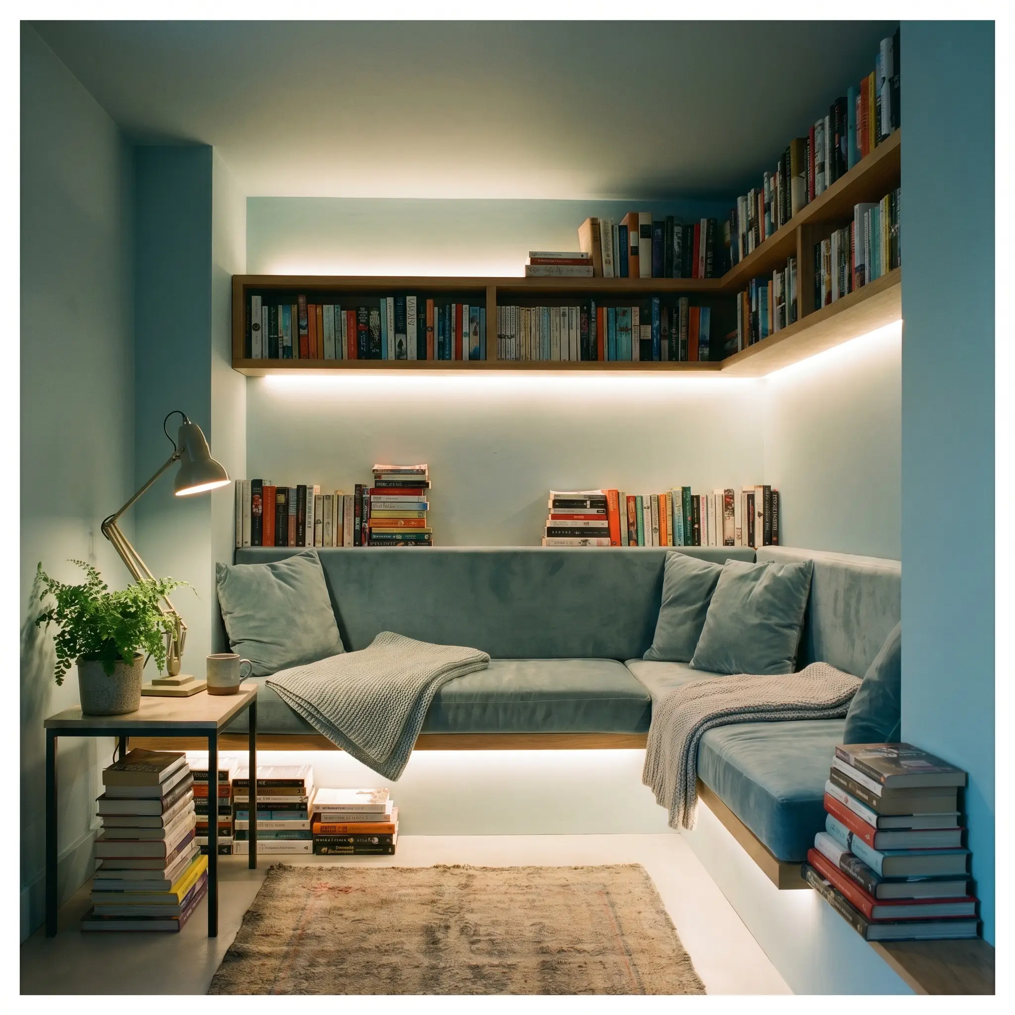 A built-in bench with plush cushions sits surrounded by neatly stacked books in a small, completely color-drenched pastel blue reading alcove.