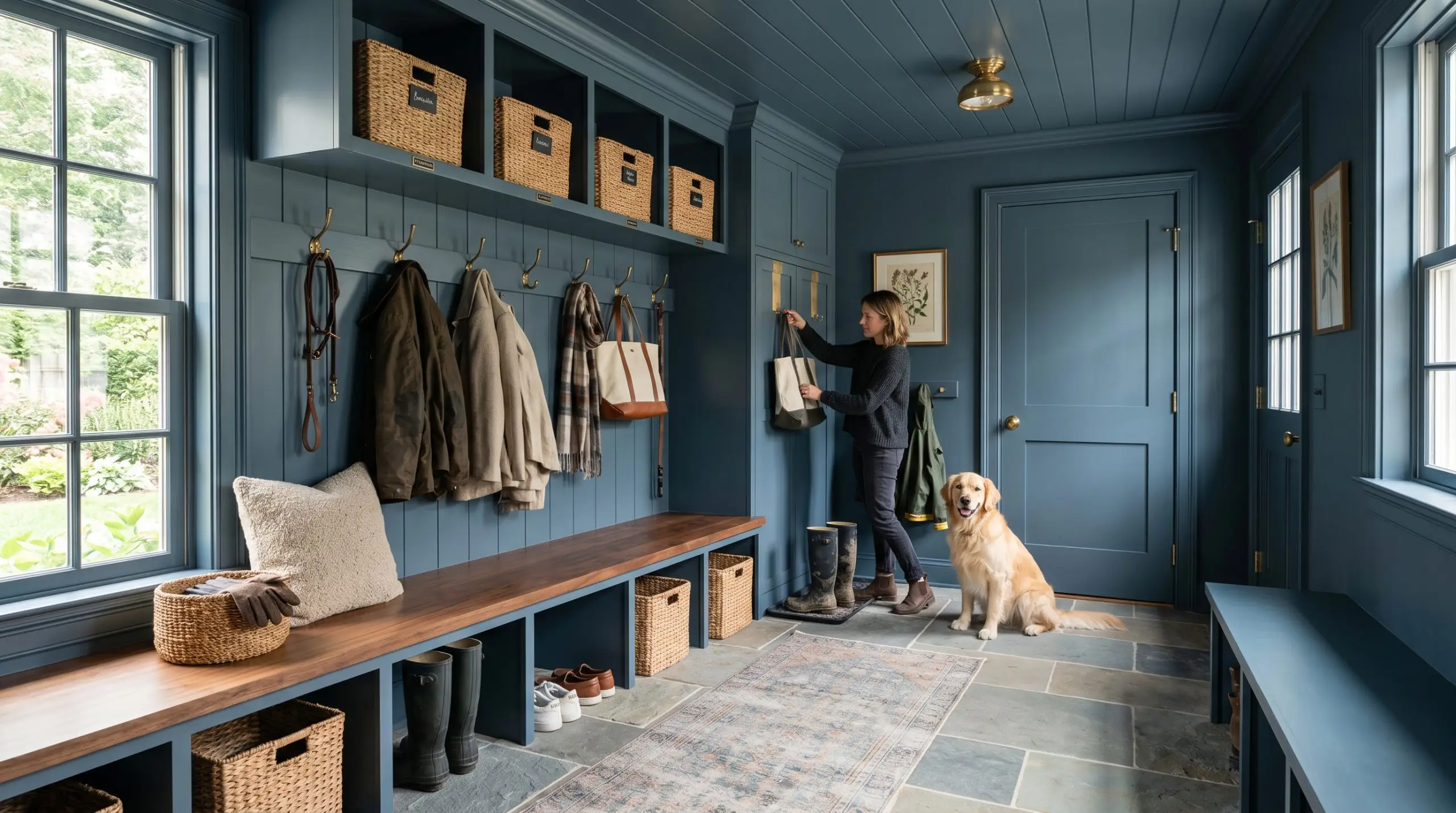Rich walnut bench seating and woven baskets furnish a mudroom featuring baseboards, walls, and built-in cubbies color-drenched in Farrow & Ball Hague Blue (Hex #3f4d57).