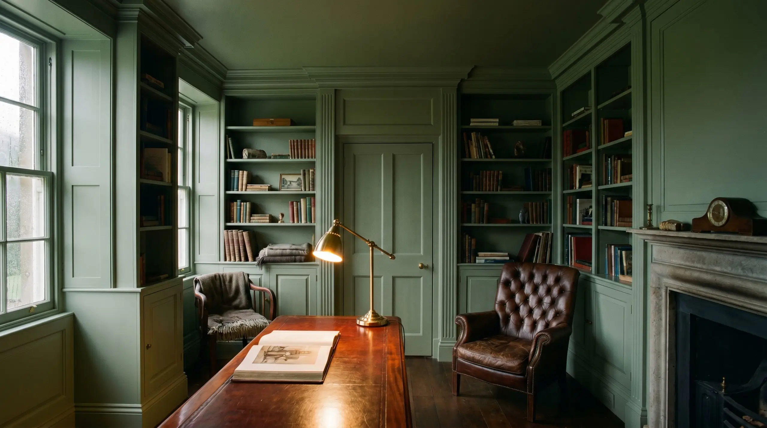 An enveloped library features built-in bookshelves and walls entirely color-drenched in Farrow & Ball Vert de Terre (Hex #b7baa4), accented by a tufted leather reading chair.