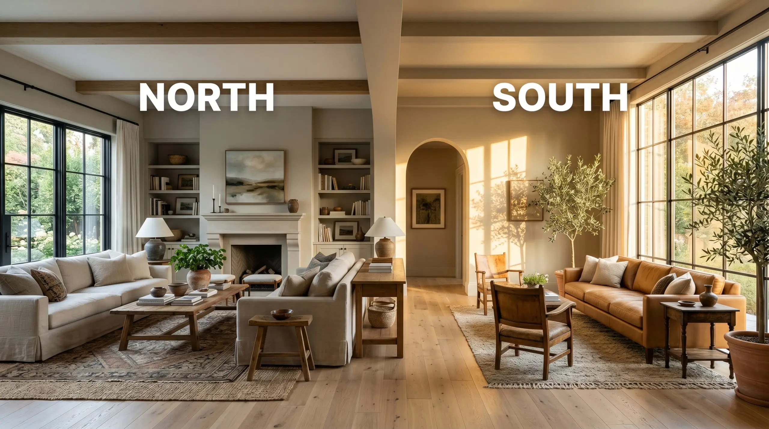A continuous living room split-screen demonstrates how Benjamin Moore Pashmina shifts from a flat earthy brown in cool Northern light to golden-orange in warm Southern exposure.