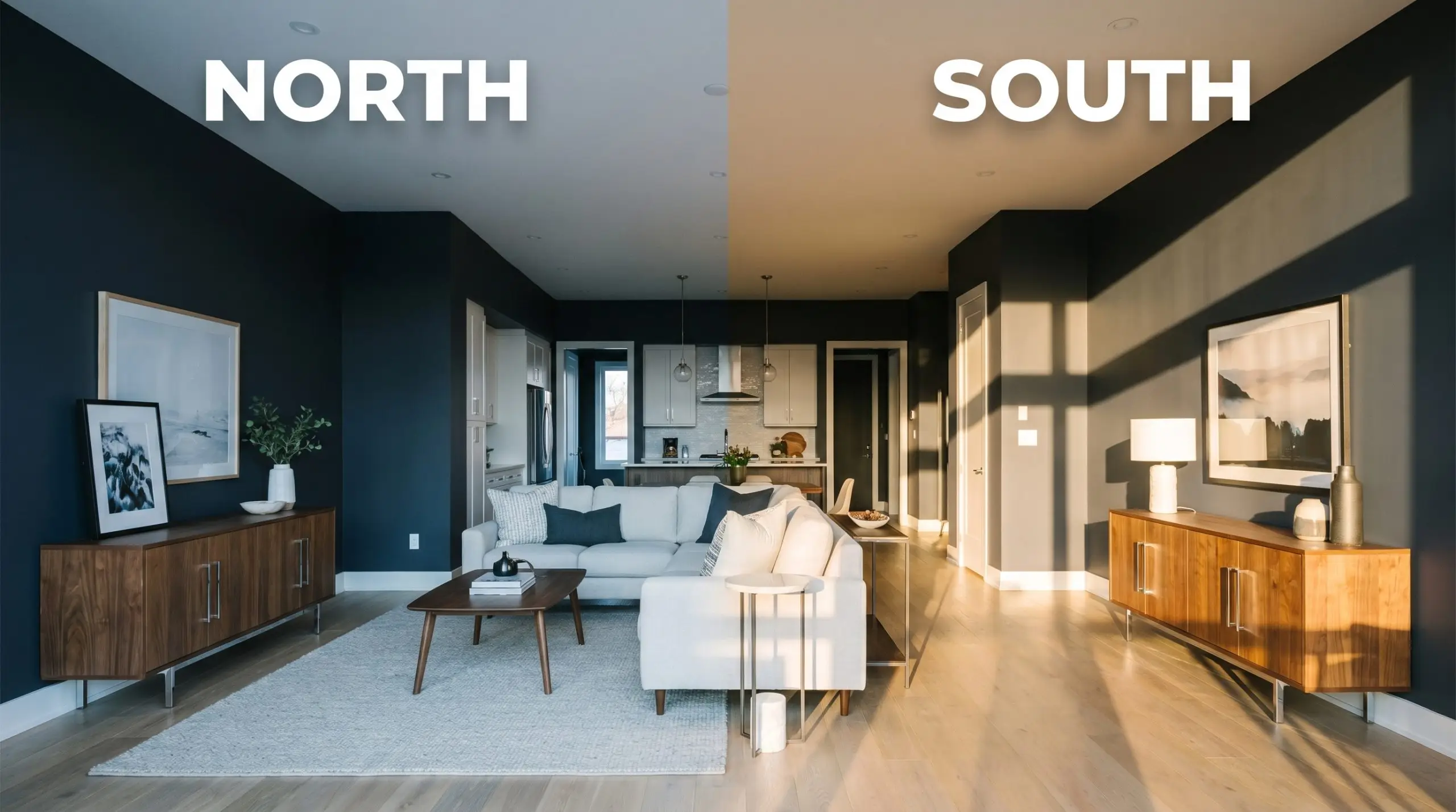 A split-screen open-concept living space demonstrates how Dulux Black Opal shifts from a cool-toned dark navy in North-facing light to warm violet-blue in South-facing exposure.