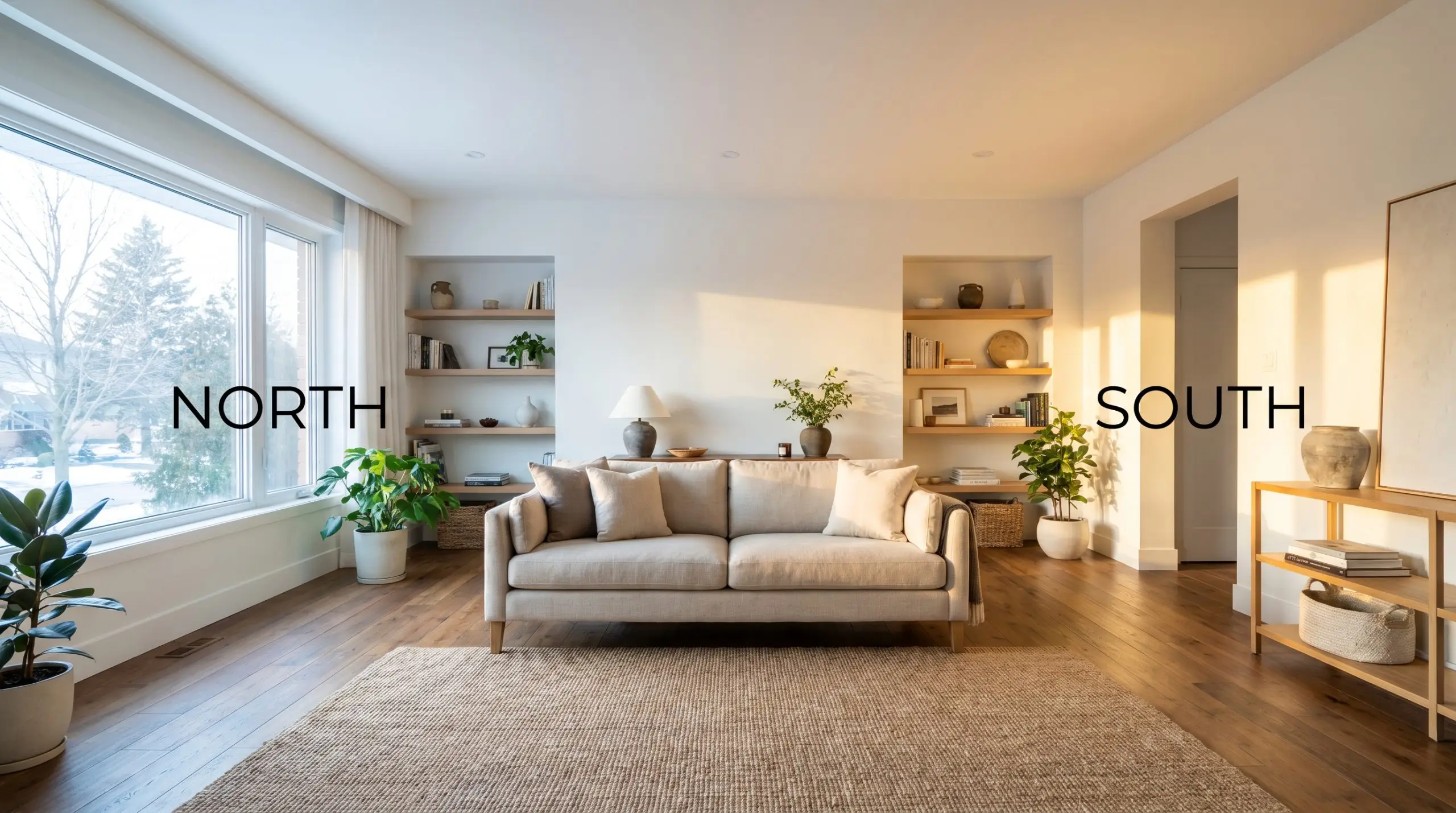 A spacious living room with a tailored linen sofa and reclaimed chestnut flooring demonstrates color temperature shift, shifting from crisp North-facing daylight to warm golden South-facing sun.