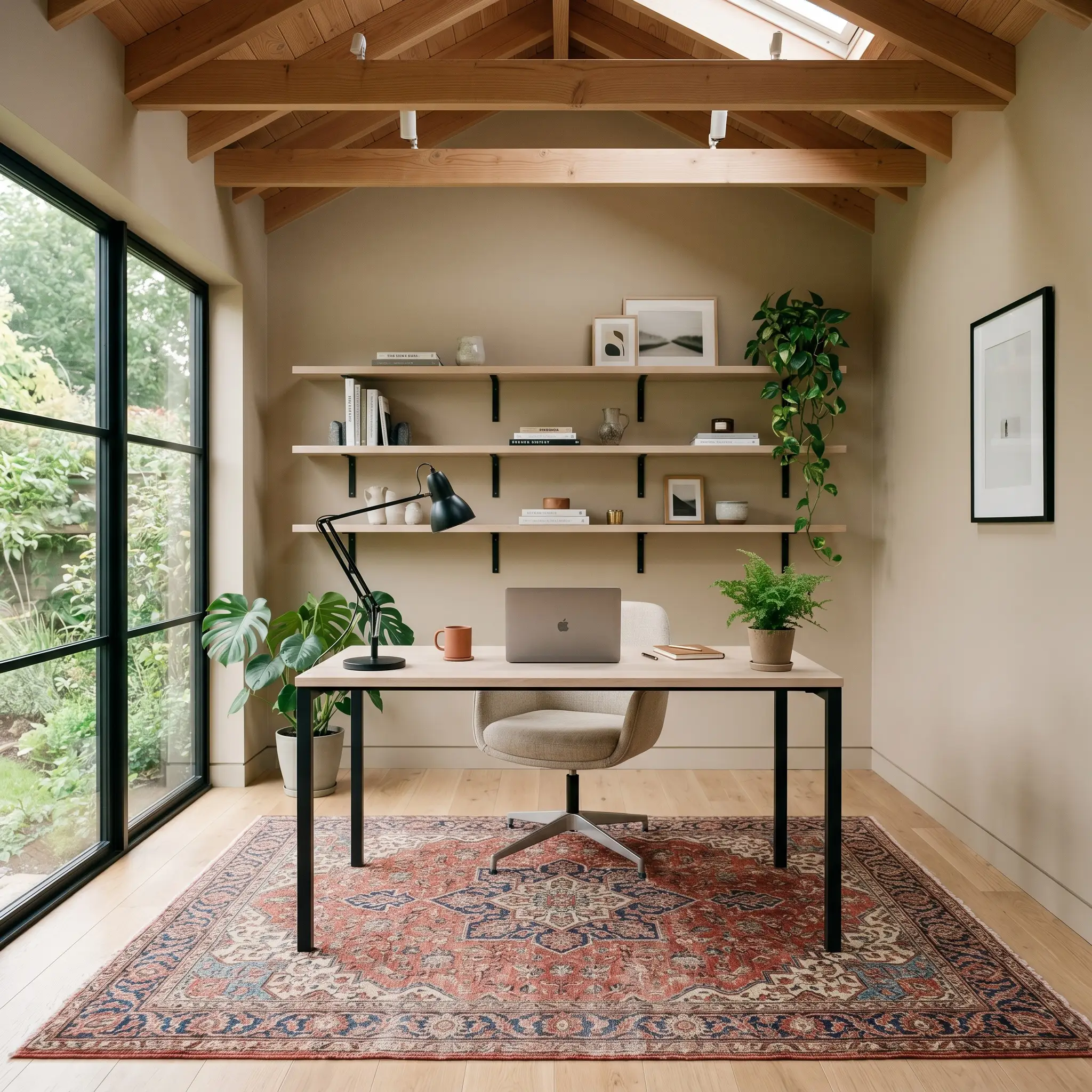 A contemporary creative home office painted in PPG Dusty Trail (Hex #c9bba3) features a sleek bleached oak desk, floating shelves with matte black iron brackets, and white oak flooring.