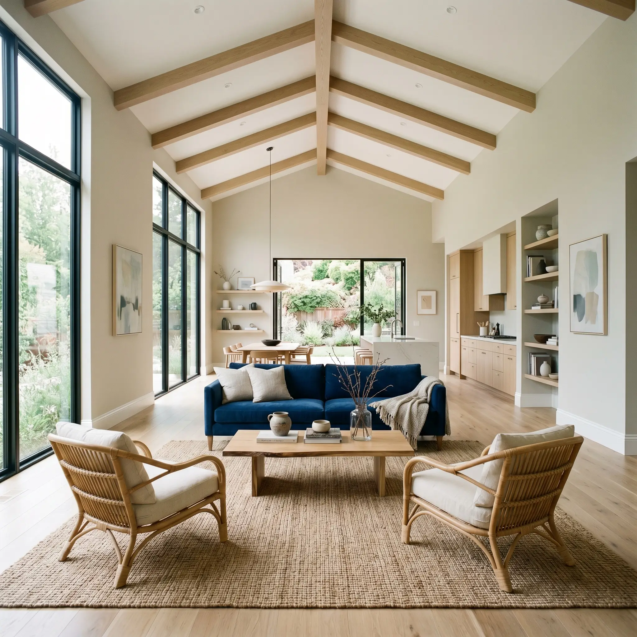 Rich blue velvet upholstery anchors a sprawling open-concept living space framed by cool gray walls, woven rattan chairs, and a textured jute rug.