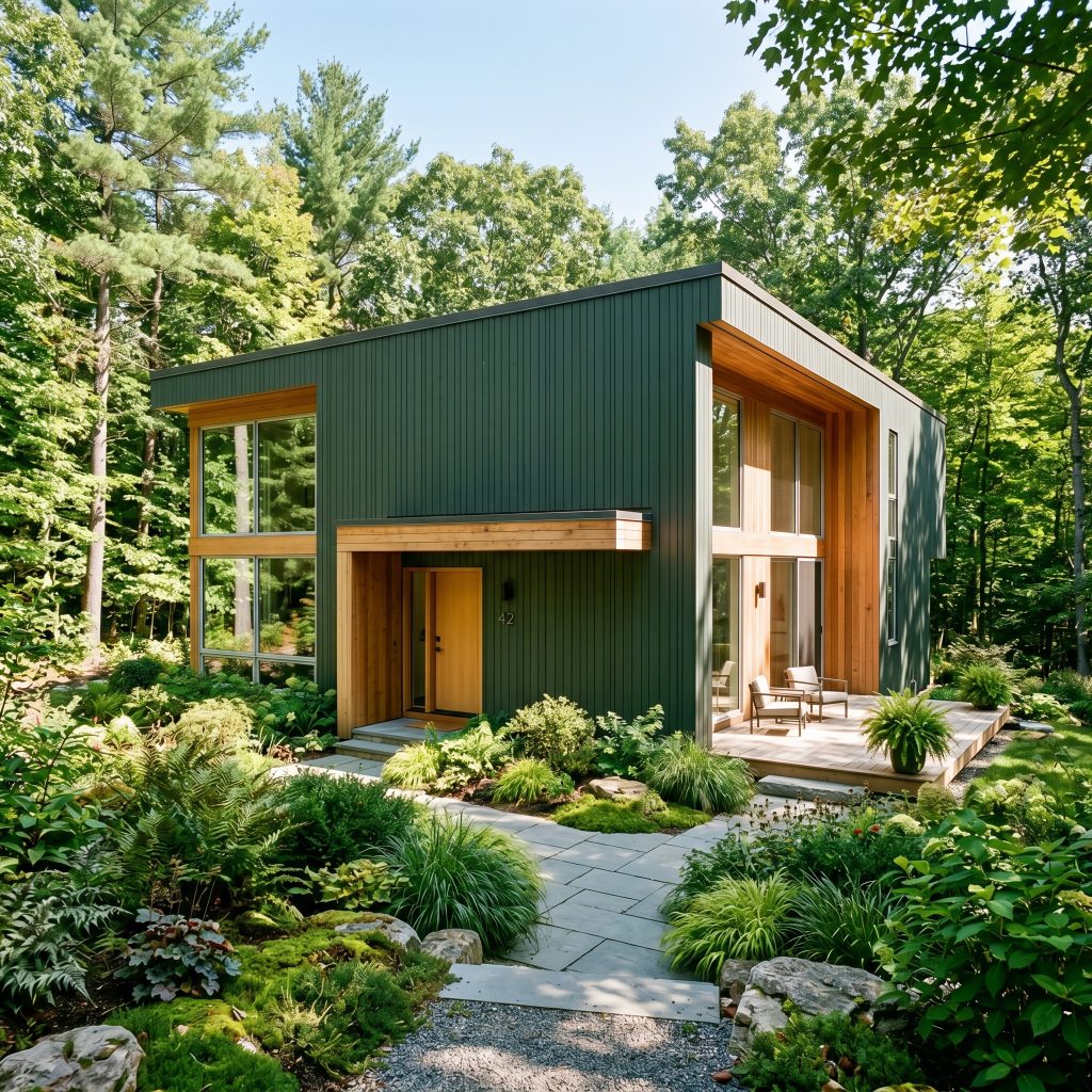 A contemporary woodland home exterior features siding painted in Benjamin Moore Salamander (Hex #2F3E3E), natural wood architectural accents, and lush biophilic landscaping.