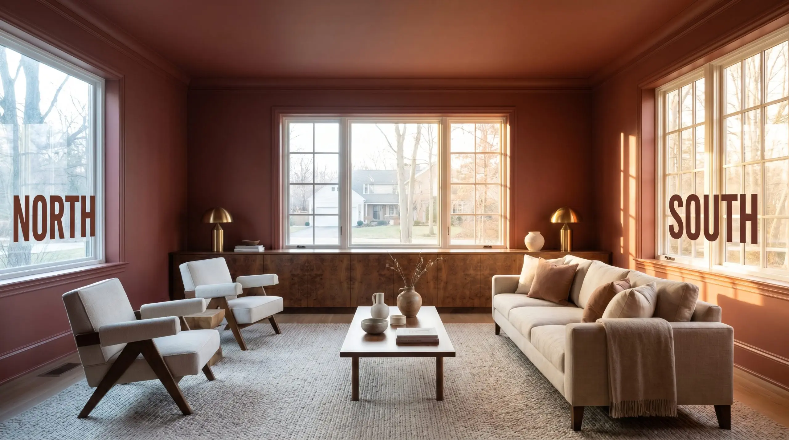 A continuous sitting room with a walnut burl console table showcases Farrow & Ball Picture Gallery Red (Hex #9b594f) shifting from a cooler russet brown-based red in North-facing light to a vibrant auburn cast in warm South-facing exposure.