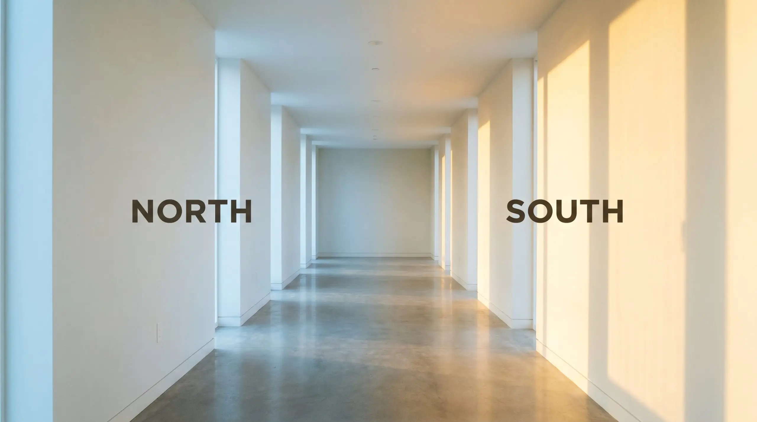 A continuous modern hallway demonstrates lighting effects, shifting from a cool icy blue undertone in North-facing light to a warm breezy neutral in South-facing exposure, painted in Marilyn's Dress (Hex #E0E4E4).