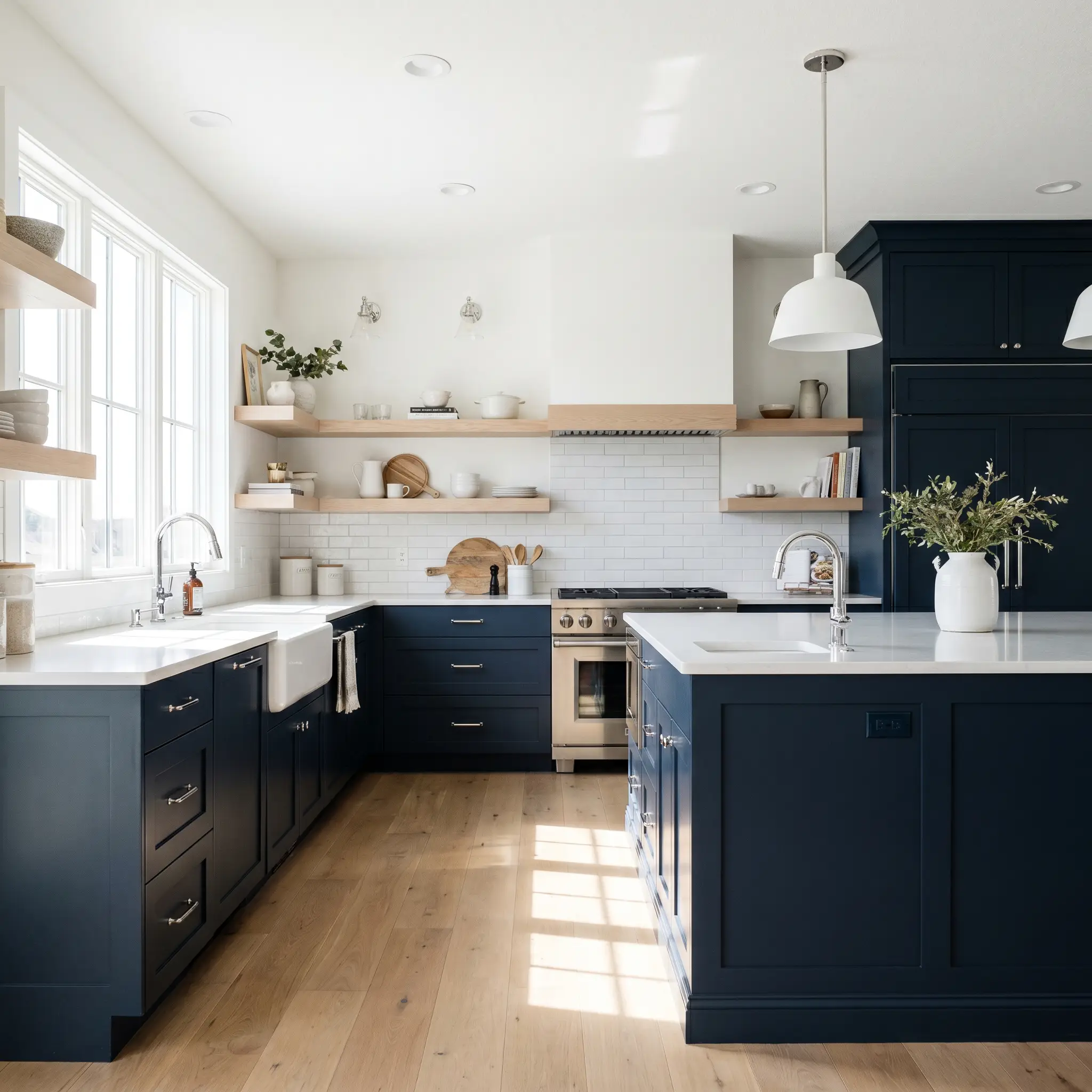 Crisp white subway tile and light ash floating shelves sit above lower cabinetry painted in Behr Midnight Blue (Hex #4c565e) in a transitional kitchen.