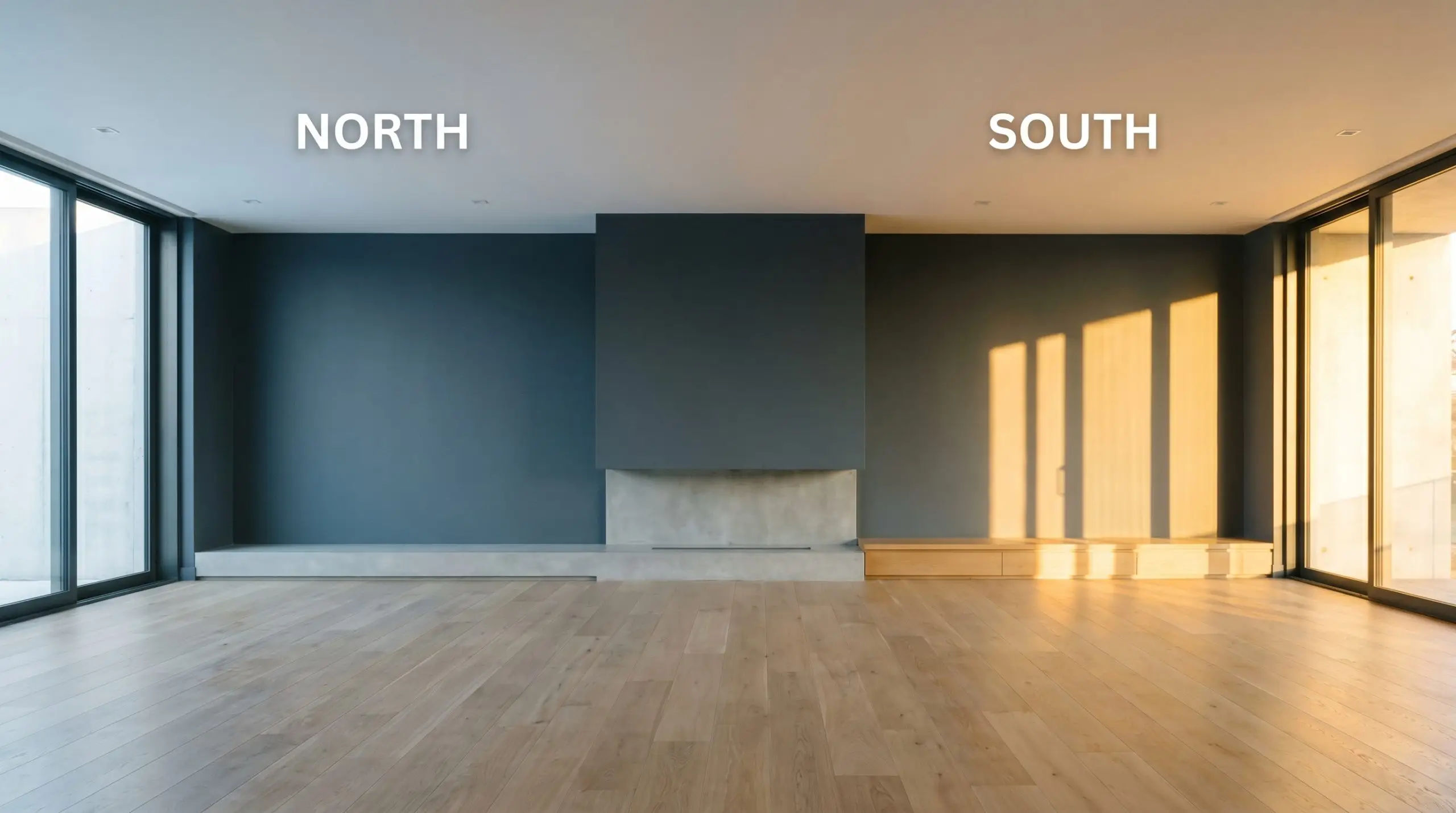 A minimalist living room painted in Behr Midnight Blue (Hex #4c565e) shifts from a flat charcoal undertone in cool Northern light to warm indigo in Southern exposure.