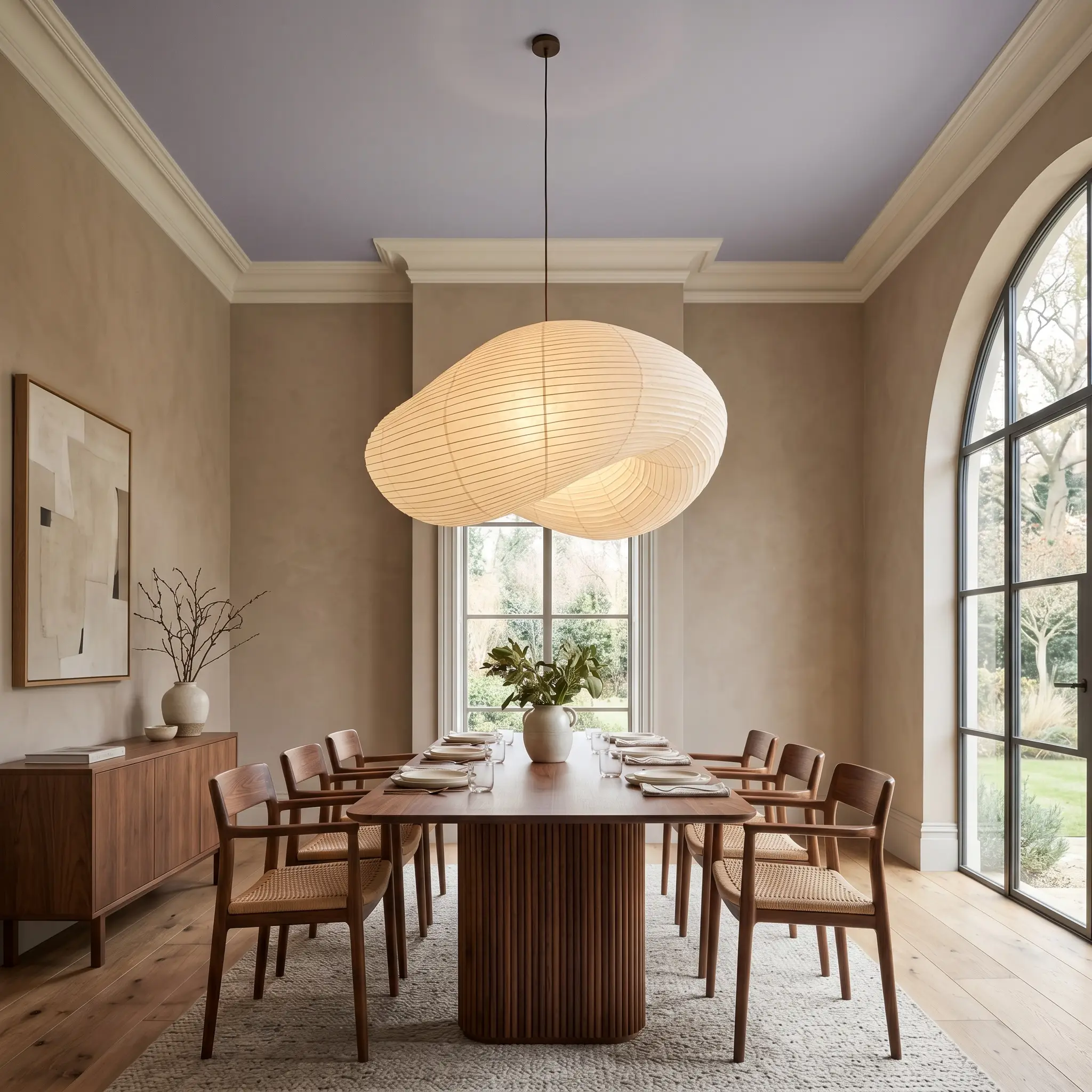 An oversized sculptural paper lantern suspends from a cool-toned pastel ceiling above a fluted walnut dining table in a warm taupe room.