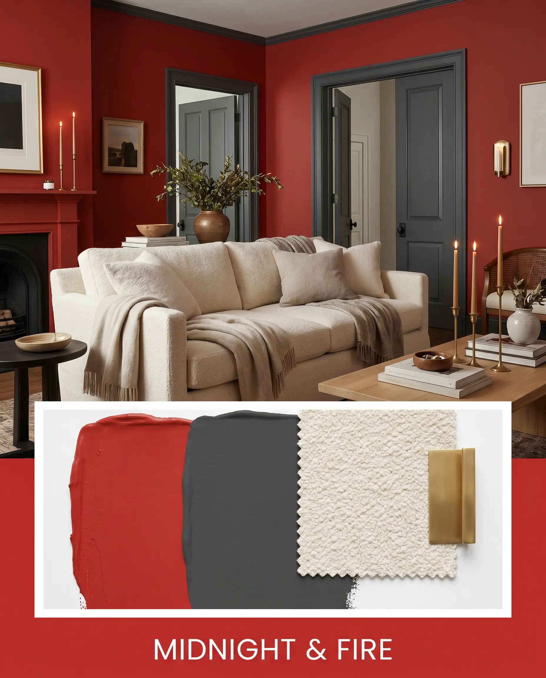 A sophisticated sitting room features a creamy boucle slipcovered sofa and unlacquered brass taper candles against saturated red walls and dark charcoal trim above a curated material flat-lay.