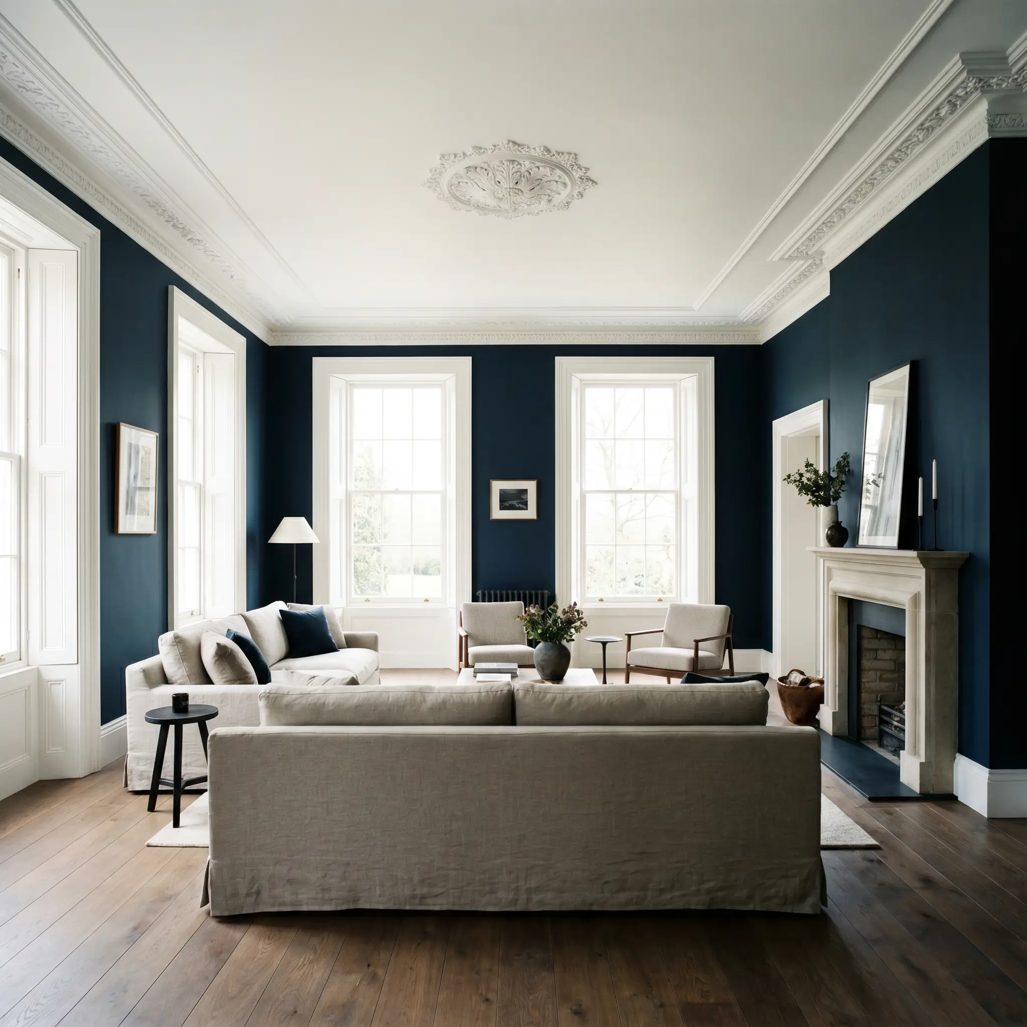 Deeply moody navy blue walls contrast with a crisp ceiling canopy and trim painted in Farrow & Ball All White (Hex #f6f6f2) above fumed oak floors.