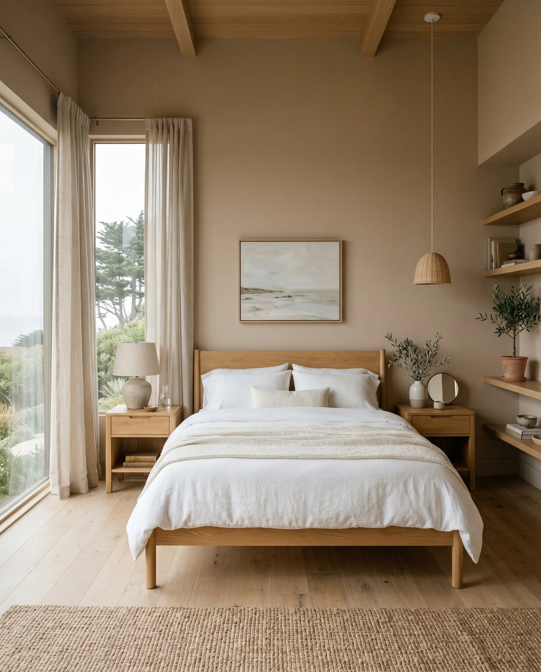 Crisp white bedding and natural wood nightstands furnish a serene primary suite retreat painted in Behr S220-2 (Hex #dac2af).