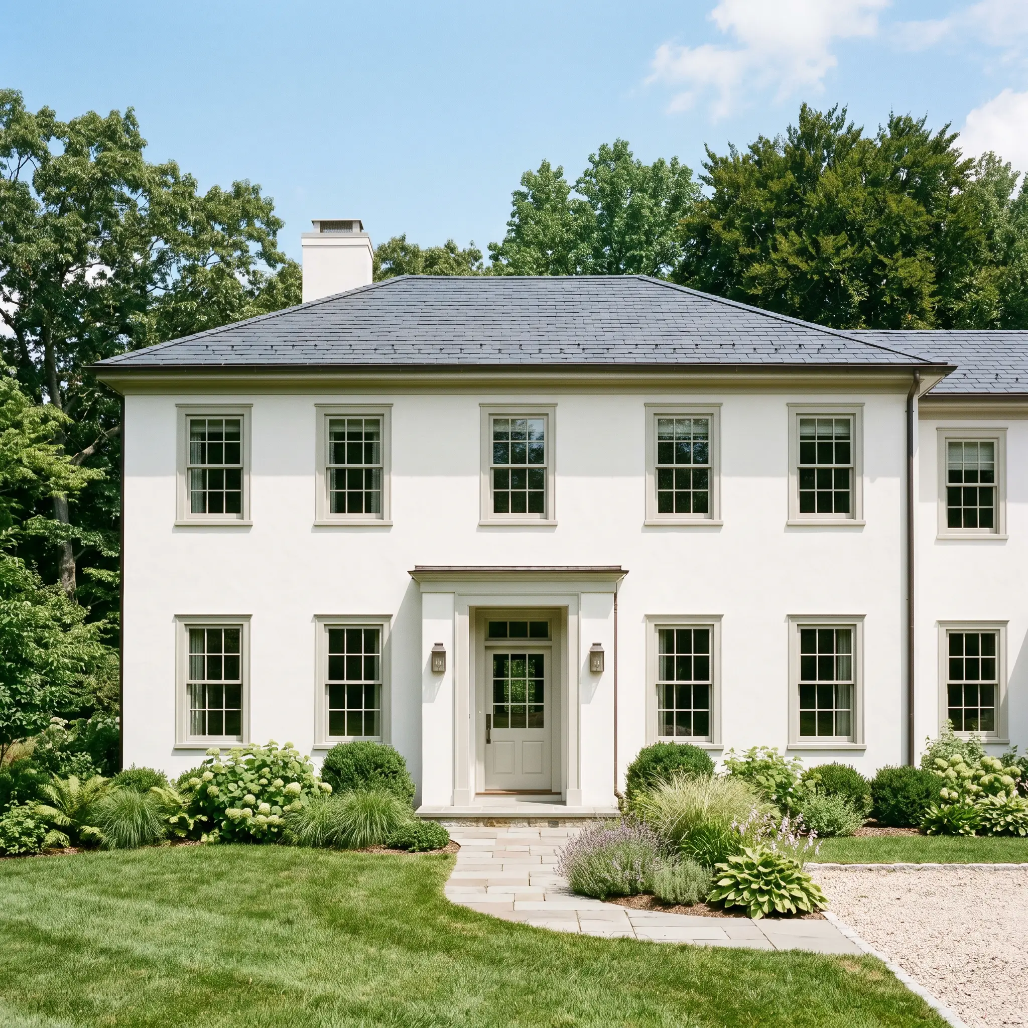 A crisp white stucco home exterior features classic window sashes and trim painted in Farrow & Ball Cromarty (Hex #caccc0), surrounded by organic green landscaping.