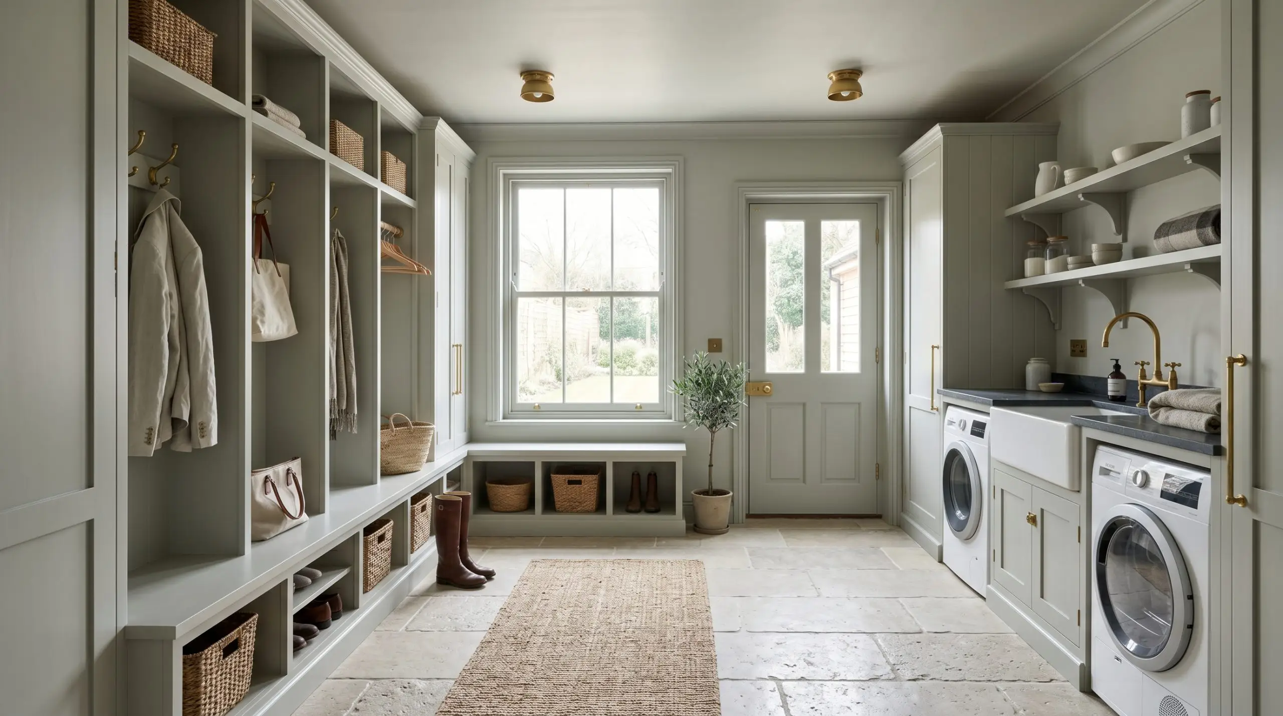 Built-in cubbies, walls, and the ceiling are entirely color-drenched in a chalky muted green-grey, complemented by rugged tumbled limestone flooring and unlacquered brass hardware.