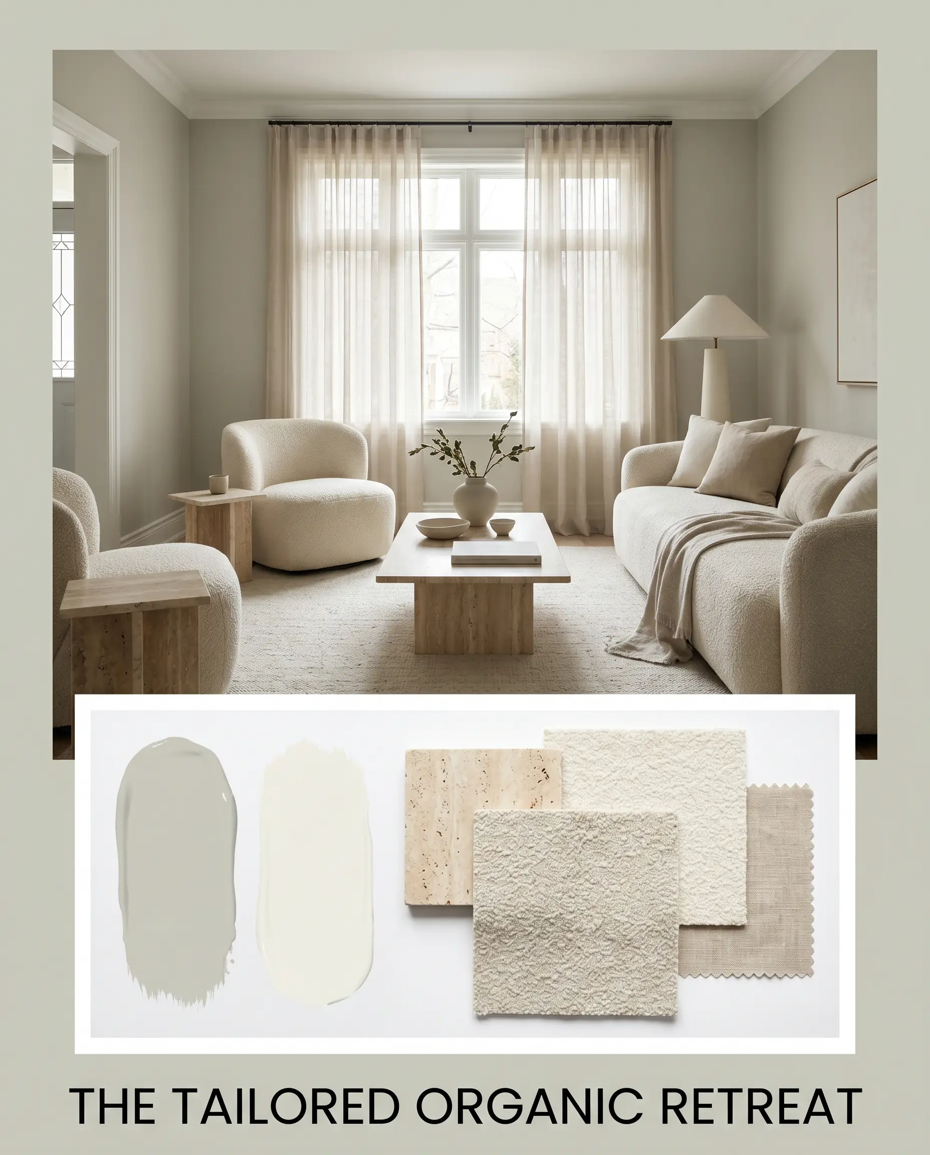 An editorial layout titled THE TAILORED ORGANIC RETREAT features a serene living space above a flat-lay of unsealed travertine, bouclé fabric, and muted green-grey paint applications.