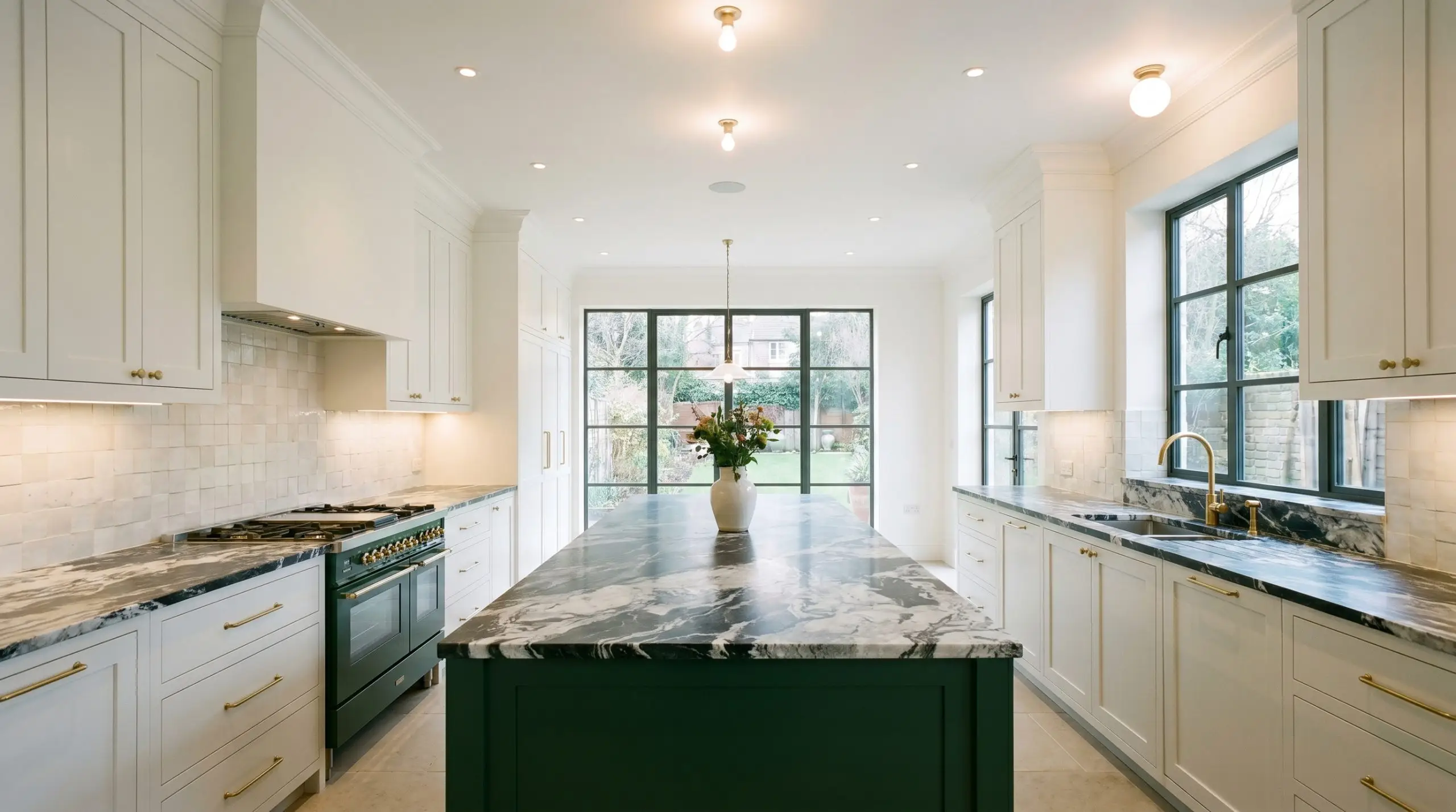 Upper cabinets painted in Farrow & Ball All White (Hex #f6f6f2) contrast with a saturated forest green island, dark-veined marble countertops, and a zellige tile backsplash in a culinary kitchen.