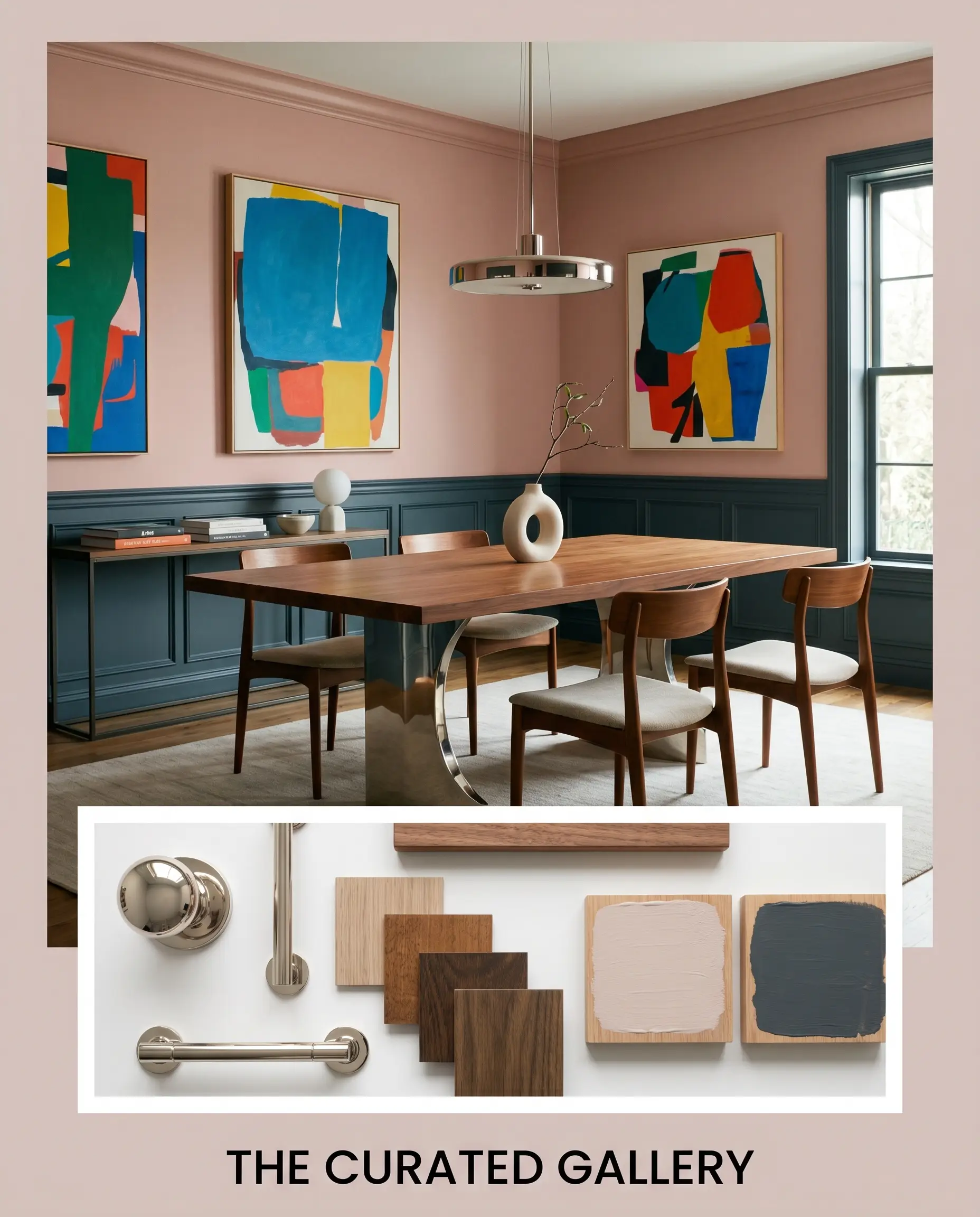 A cantilevered dining table and polished nickel accents define a curated gallery dining room featuring dusty mauve upper walls and dark blue lower millwork.