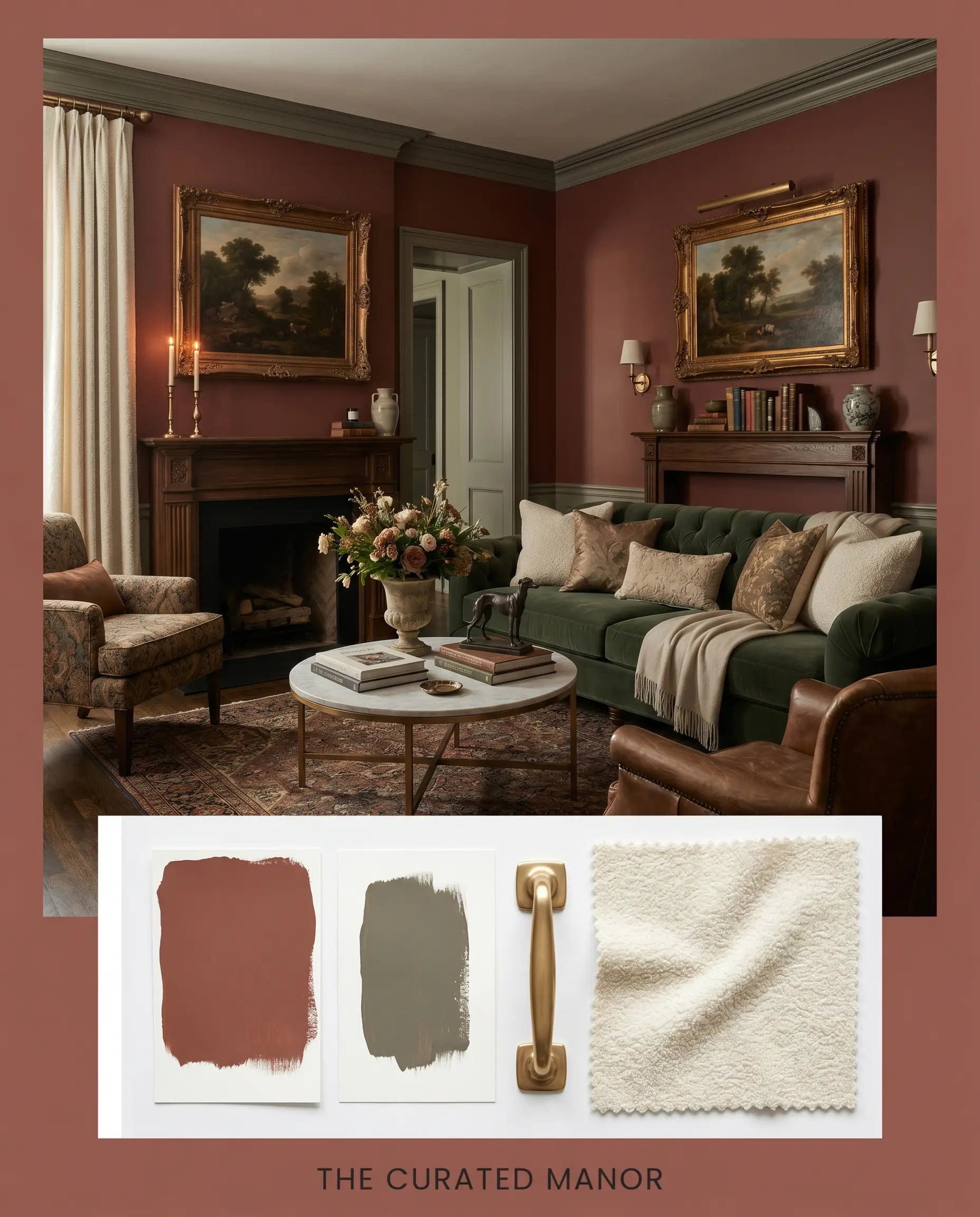 An editorial magazine layout titled THE CURATED MANOR showcases a sophisticated living room painted in Farrow & Ball Picture Gallery Red (Hex #9b594f) alongside a flat-lay containing unlacquered bronze, ivory bouclé fabric, and matching paint swatches.