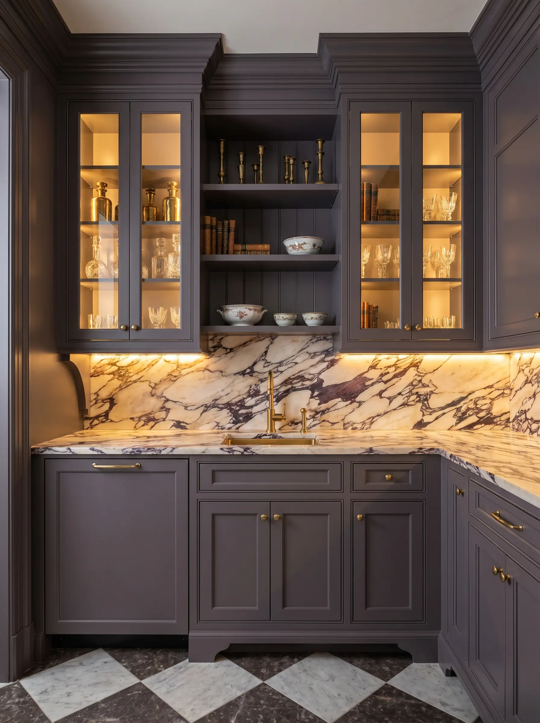Vintage brass objects and crystal glassware line the shelves of an elegant butler's pantry featuring custom cabinetry painted in Benjamin Moore Shadow.