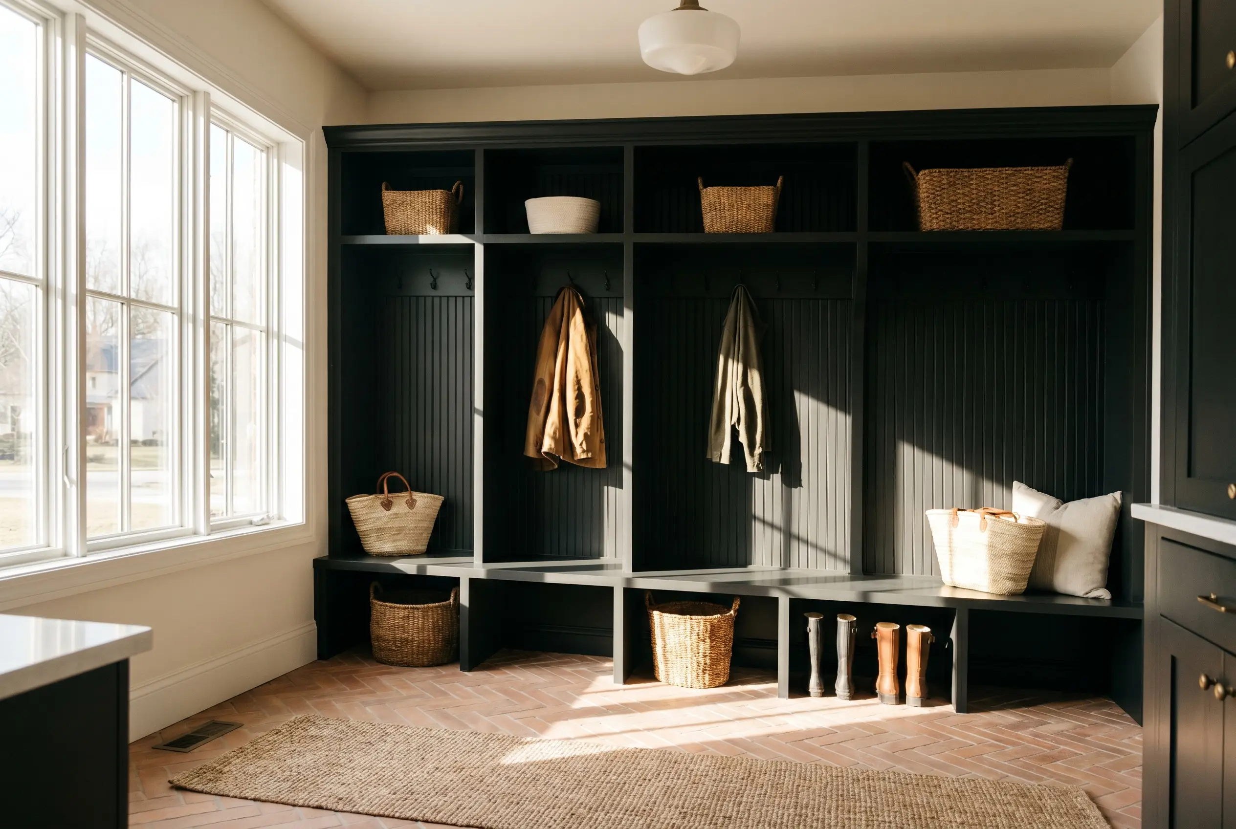 Elevated custom cubbies and beadboard paneling in a dark magenta nuance sit above raw terracotta floor tiles laid in a subtle herringbone pattern.