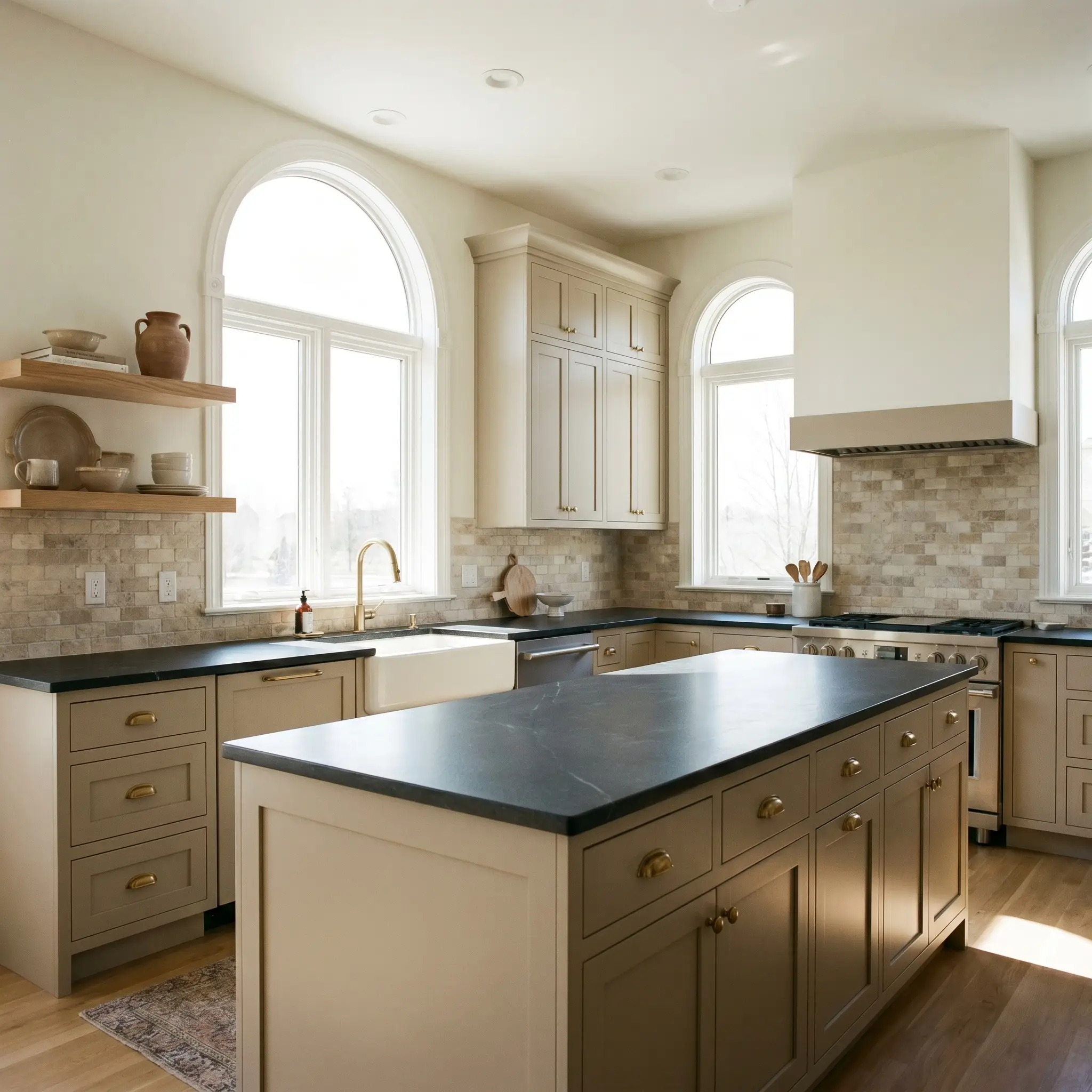 Honed soapstone counters and a tumbled travertine backsplash complement golden-beige custom kitchen cabinets finished with brass hardware.