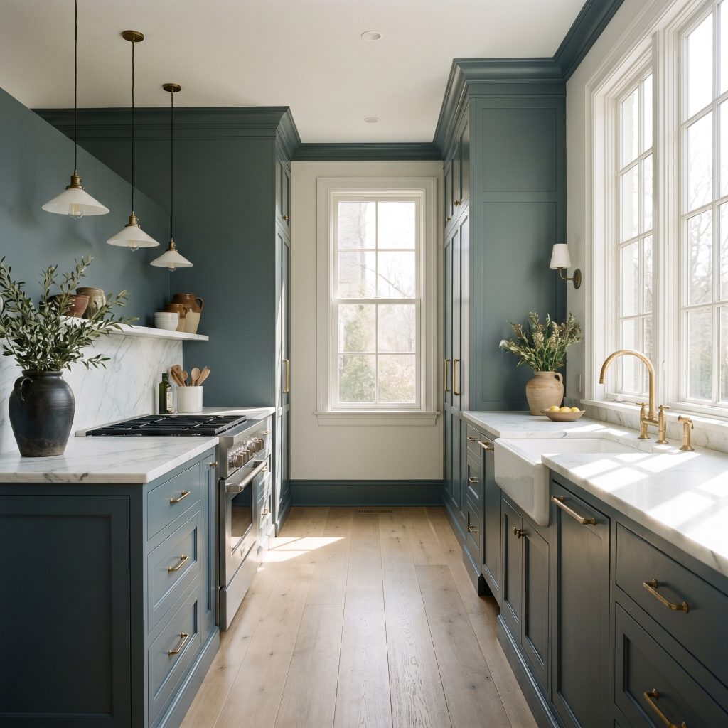 Custom slate-blue millwork and baseboards ground a sophisticated modern heritage kitchen outfitted with honed stone countertops and wire-brushed white oak floors.