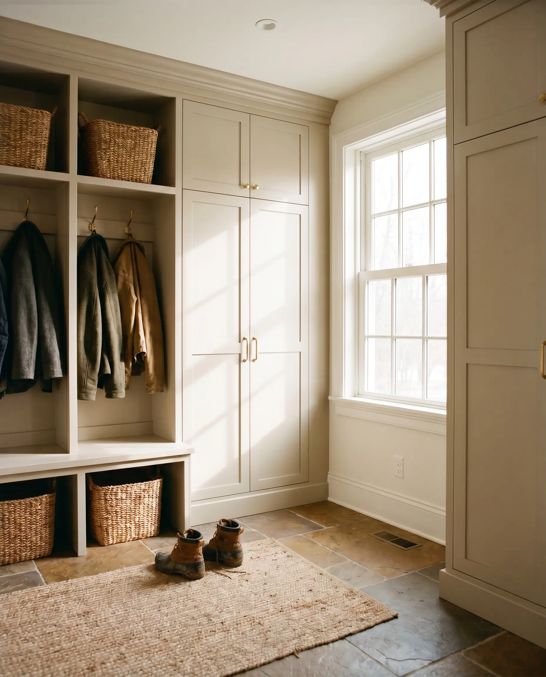 Woven storage baskets and heavy winter coats sit inside custom mudroom cabinetry lockers finished in a durable desaturated orange-yellow tone over warm slate floors.