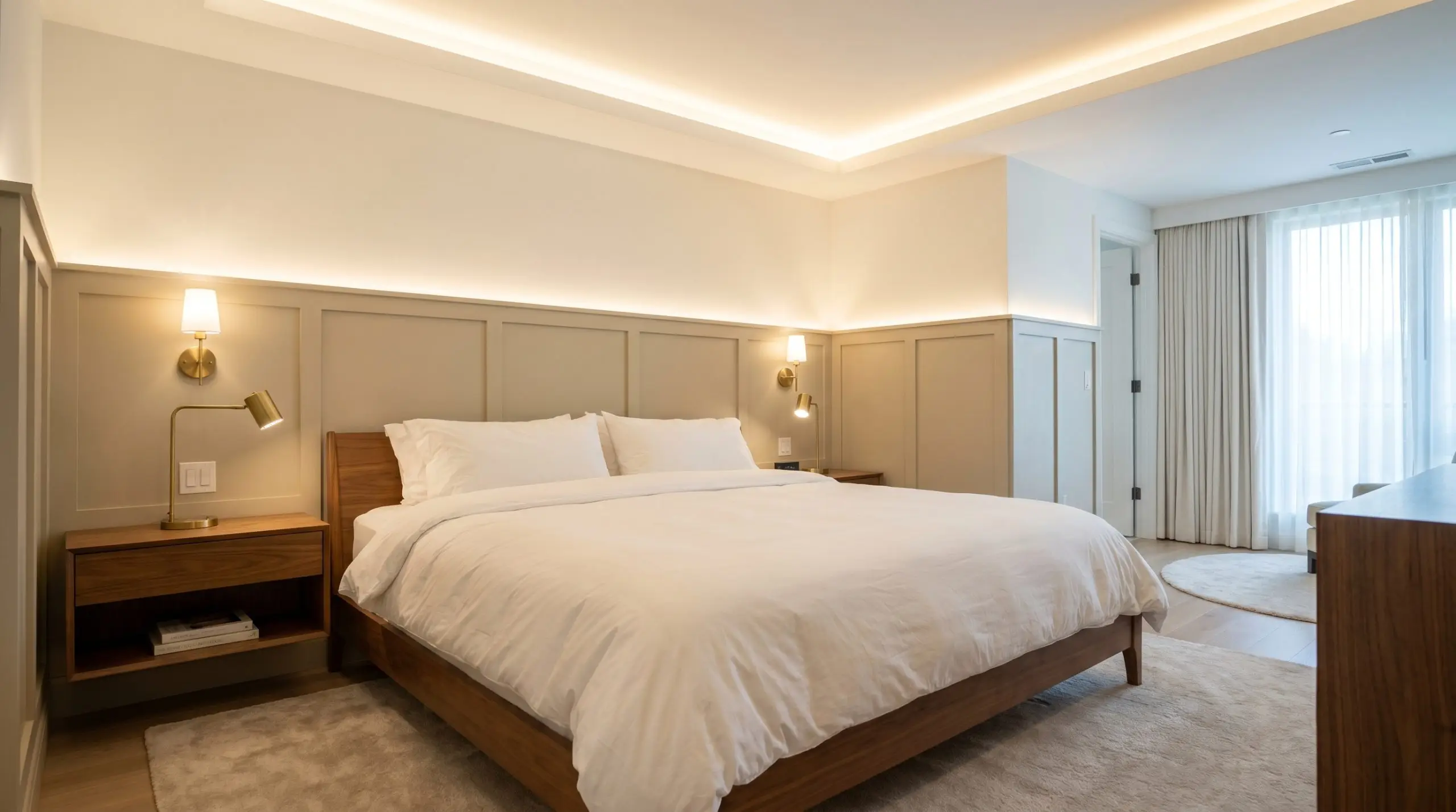Symmetrical brass sconces mount directly onto an earthy mid-tone wood millwork headboard, contrasting vibrantly against crisp white hotel-style bedding.