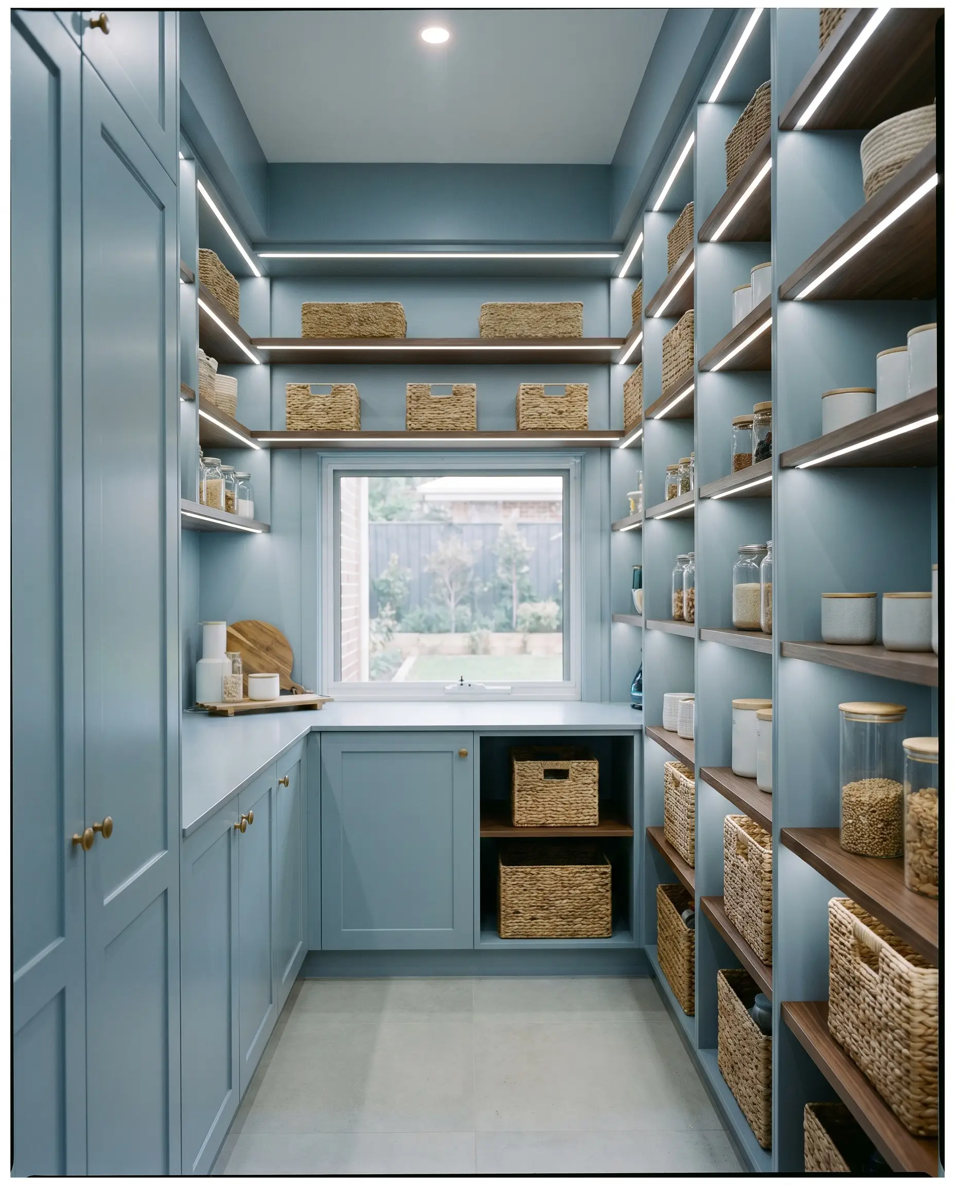 Open walnut shelving filled with woven storage baskets spans across cyan-gray built-in cabinetry inside a minimalist walk-in pantry.