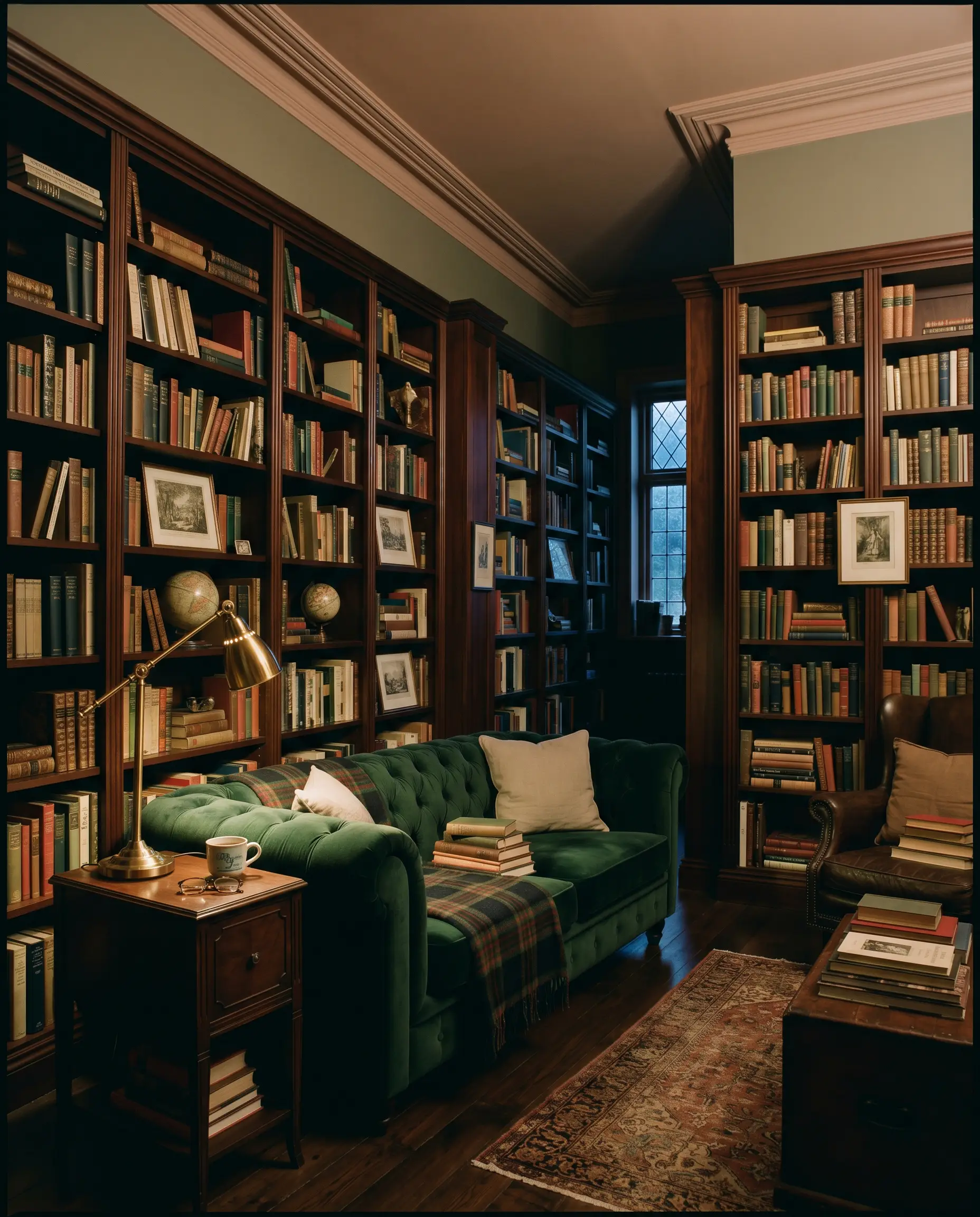 Towering dark mahogany bookshelves and a plush emerald velvet sofa create a secluded reading den beneath a complex, earthy beige crown molding.