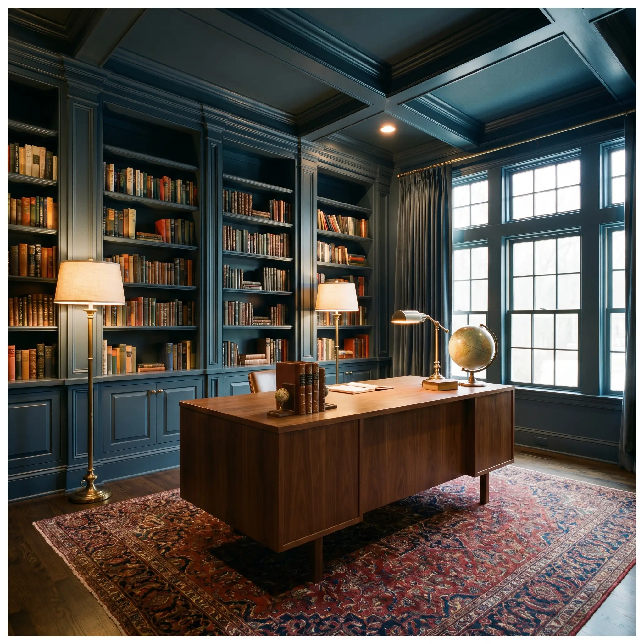 A dark academia home library features a warm walnut desk and classic Persian rug against walls painted in Benjamin Moore Polo Blue (Hex #333b44).