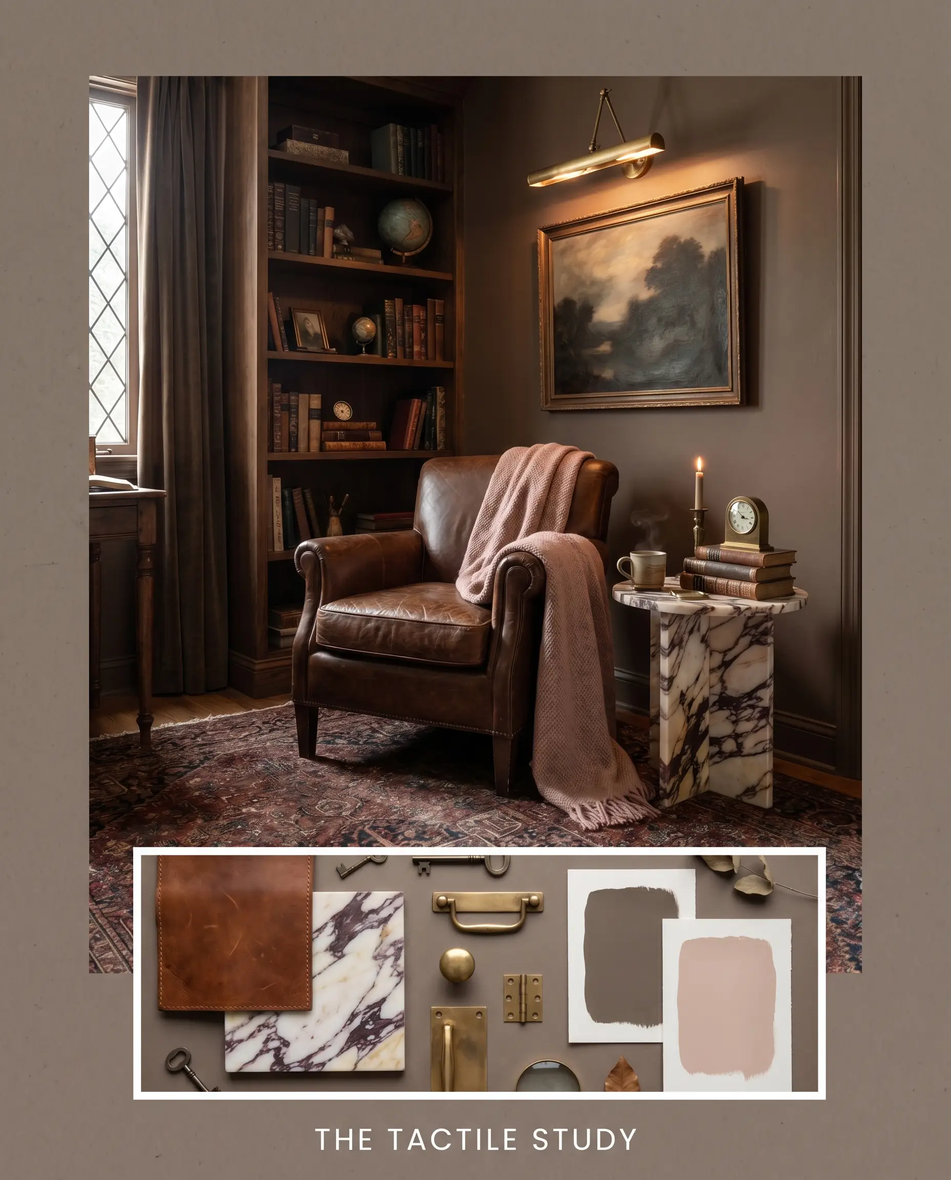An editorial concept board showcases a Dark Academia study with color structure painted walls above a flat-lay of saddle leather, Calacatta Viola marble, and unlacquered brass hardware swatches.