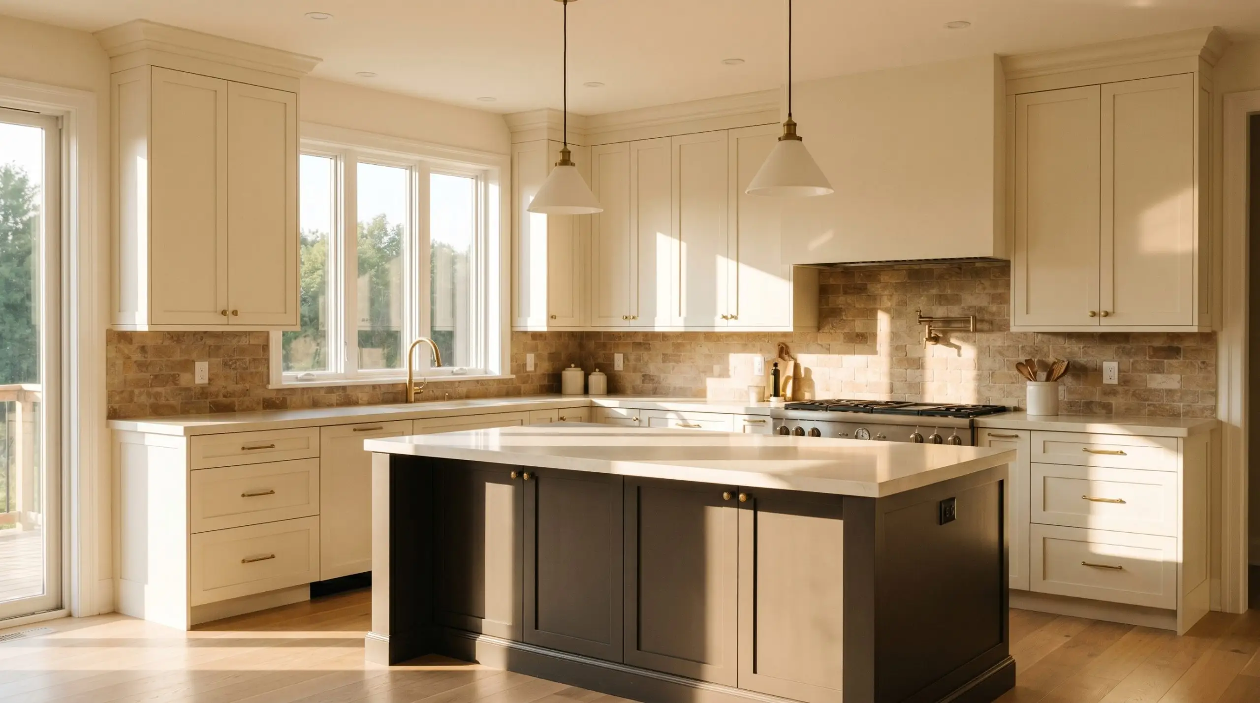 A shaker-style kitchen island painted in Benjamin Moore Night Horizon contrasts beautifully with creamy off-white perimeter cabinets and a tumbled stone backsplash.