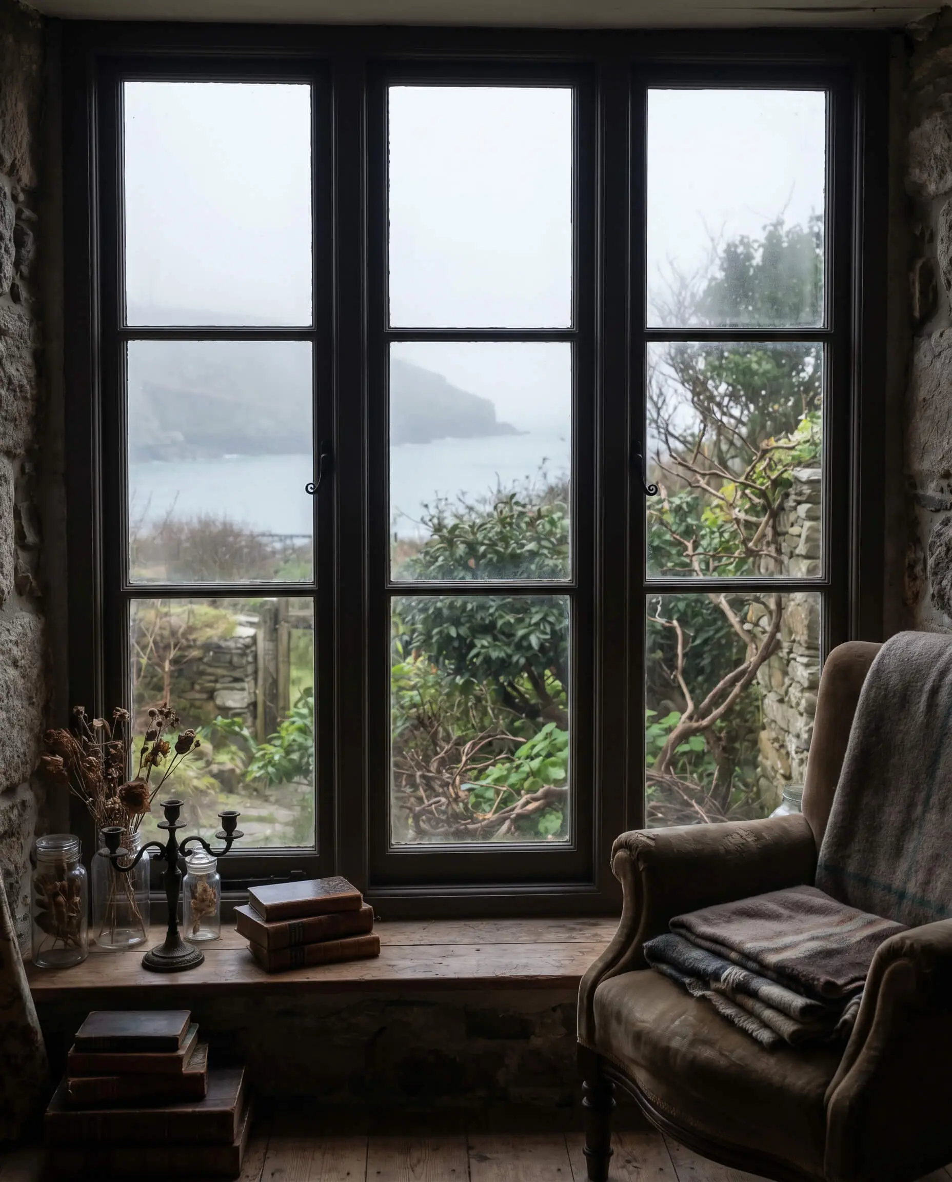 Dark brown-black painted interior window mullions beautifully frame a lush green garden landscape and a foggy coastal view.