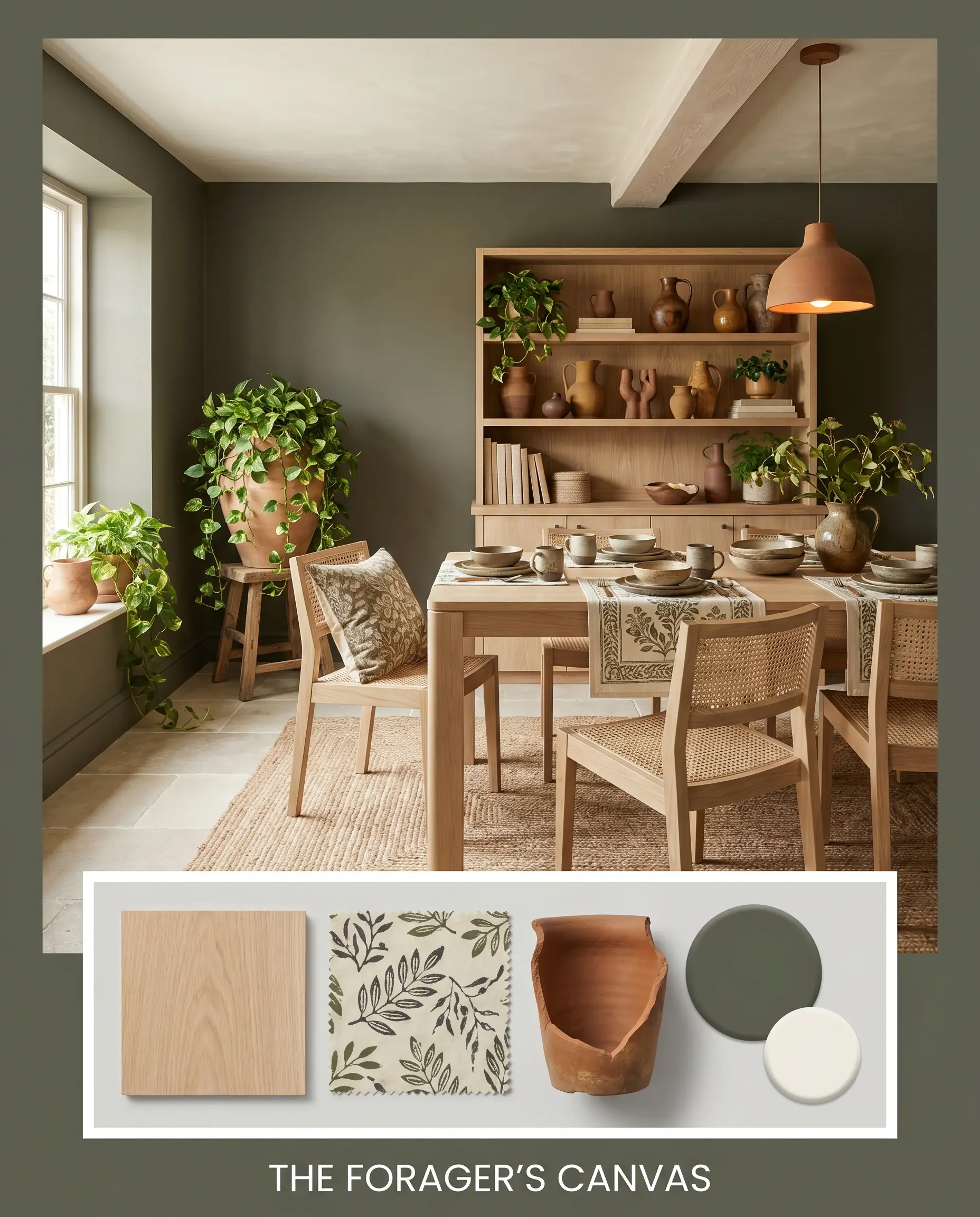 An editorial magazine layout titled THE FORAGER'S CANVAS displays a dining area painted in Benjamin Moore Dark Olive (Hex #616253) above a flat-lay of white oak, block-printed cotton, and terracotta.