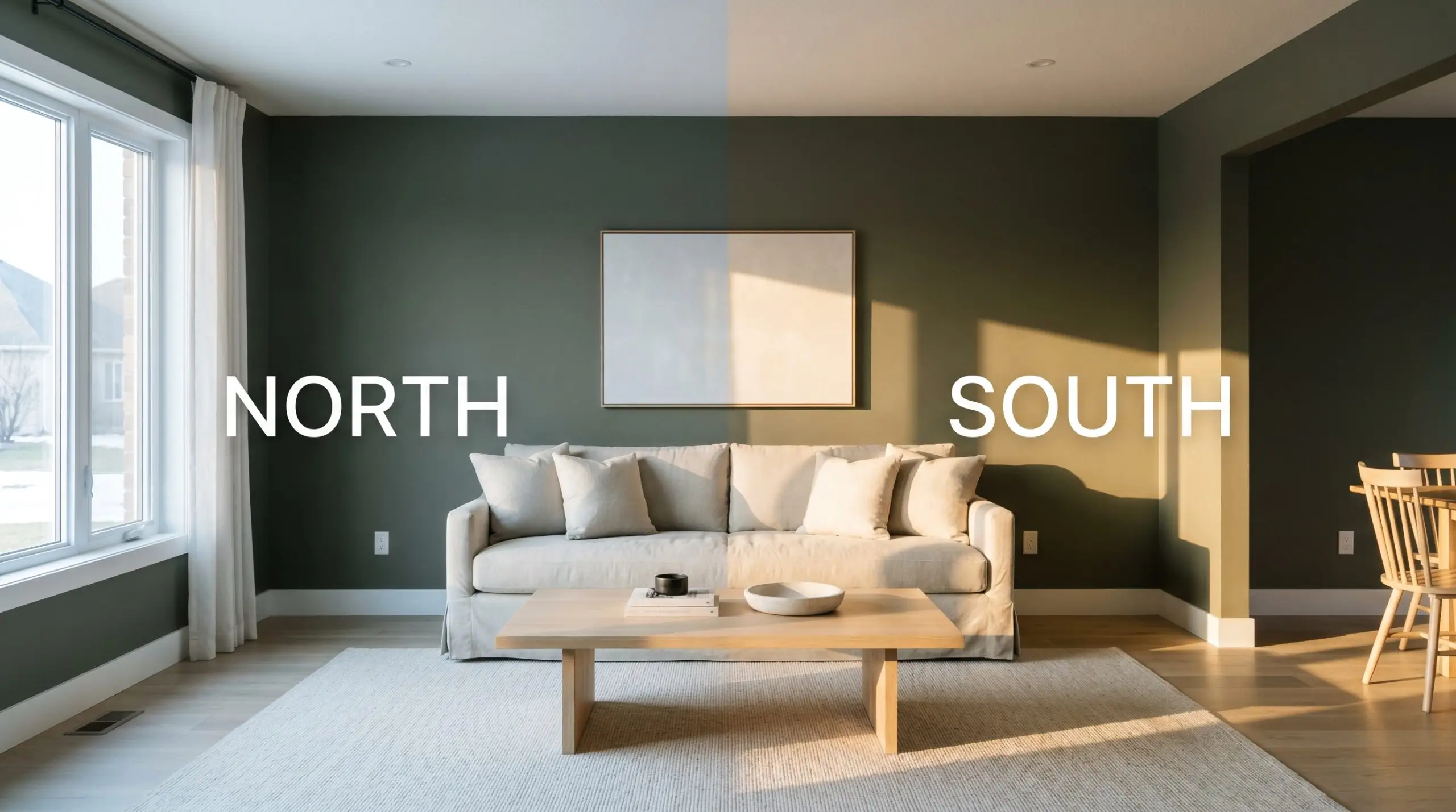 A split-screen continuous view of a minimalist living room painted in Dark Olive (Hex #616253), shifting from cool indirect Northern light to warm direct Southern exposure.