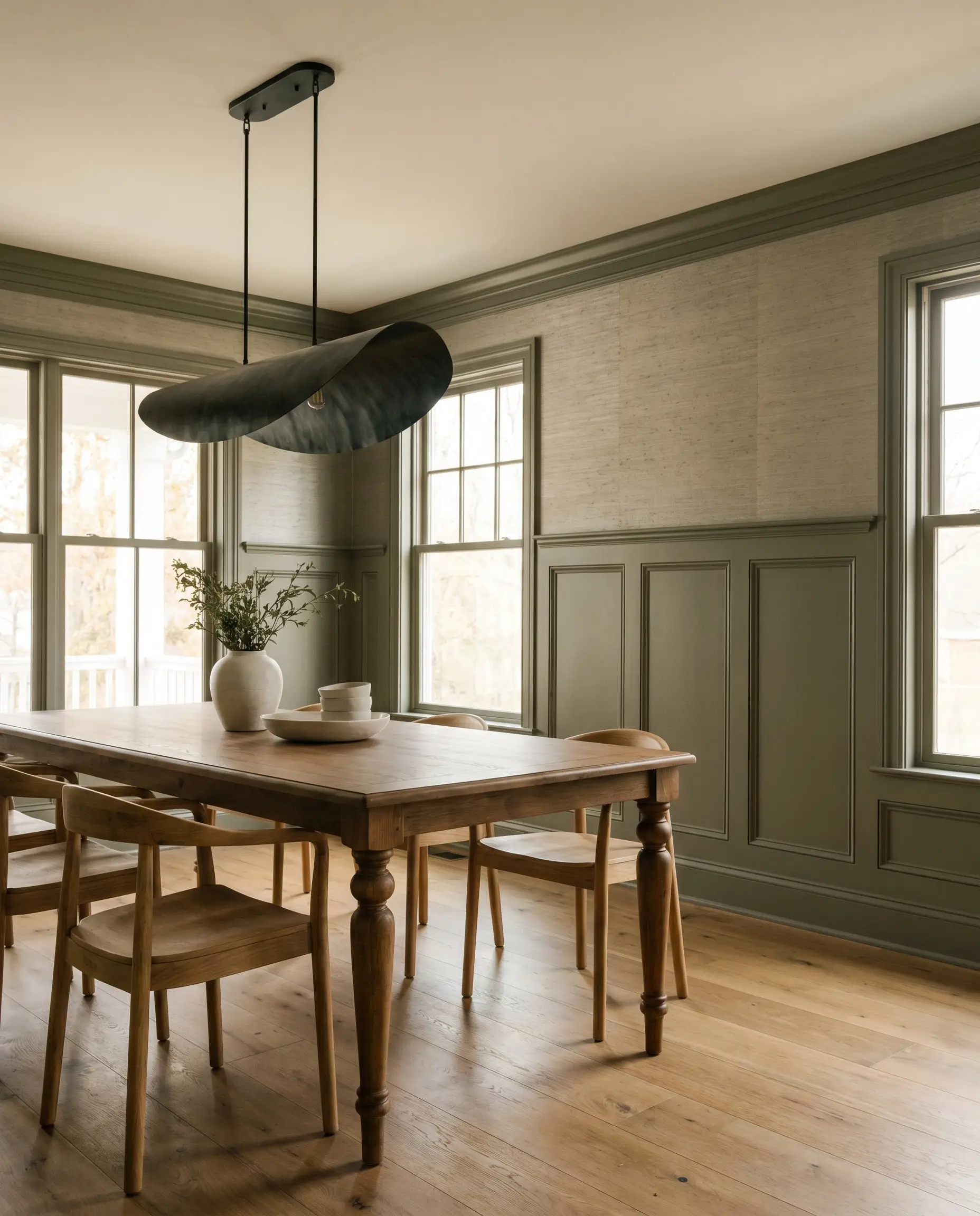 Traditional lower wainscoting painted in a moody architectural finish anchors a transitional dining room featuring subtle metallic grasscloth wallpaper and a sculptural blackened steel light fixture.