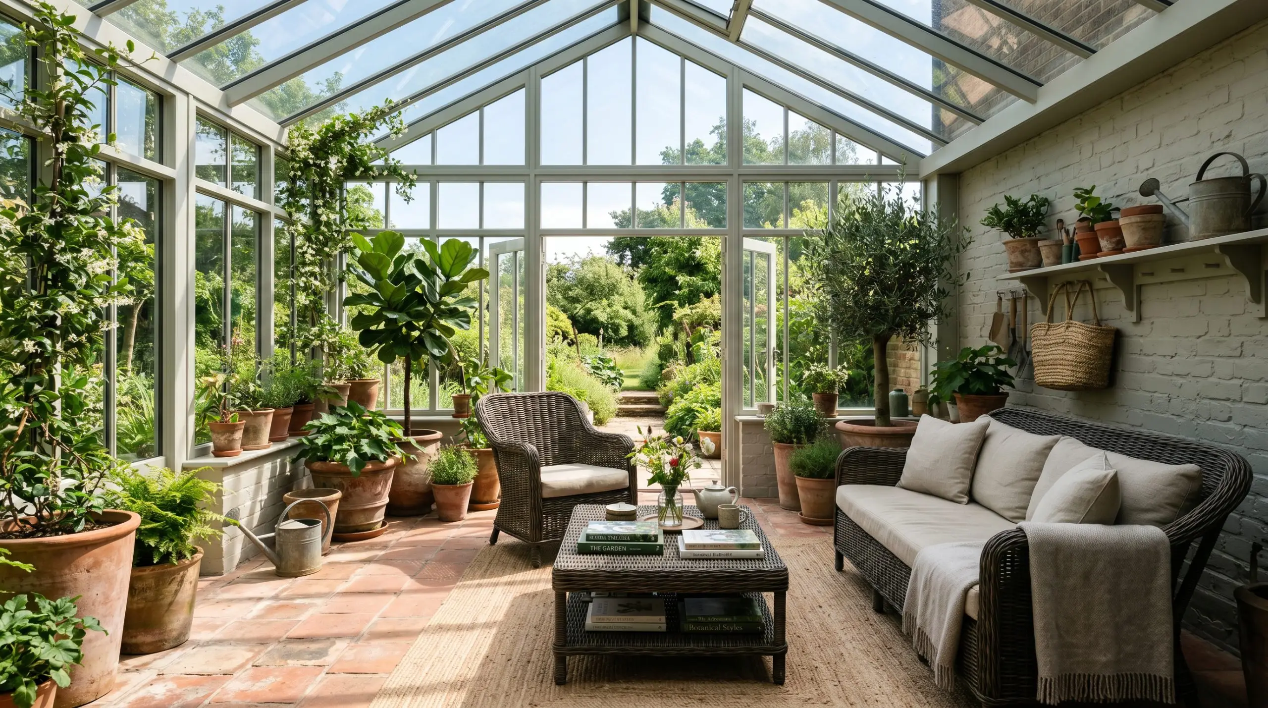 Heavy dark-stained rattan furniture and oversized terracotta planters rest on natural terracotta floor tiles within a sunroom featuring muted green-grey structural masonry.
