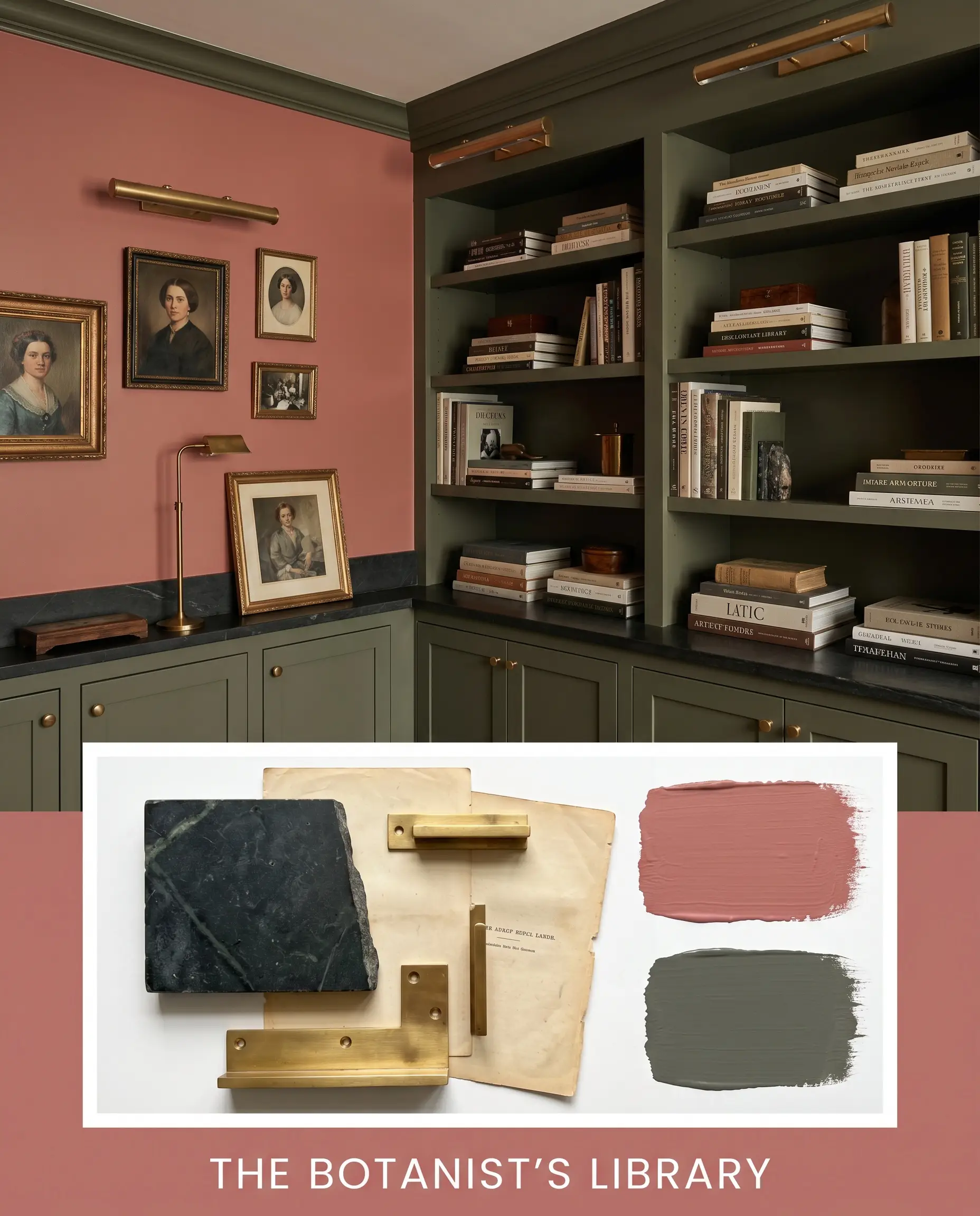 A moody library pairs earthy red walls and dark soapstone surfaces with a flat-lay containing unlacquered brass hardware and vintage paper samples.
