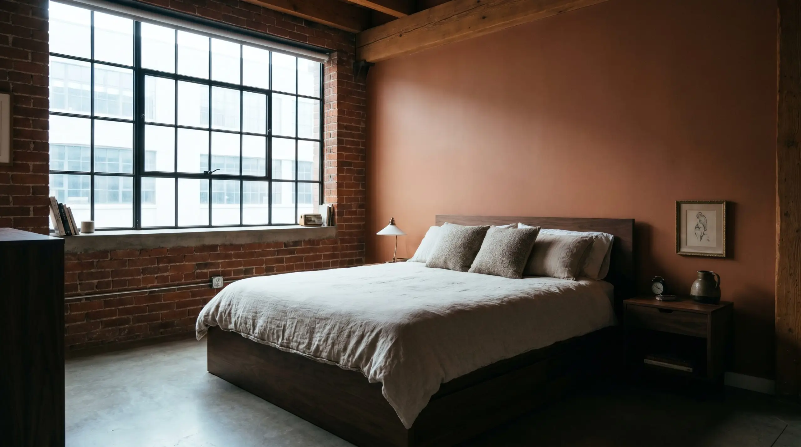 A dark walnut veneer bed frame covered in slubby oatmeal linen bedding centers an urban rustic bedroom painted in Dulux Tuscan Terracotta (Hex #D8967B).