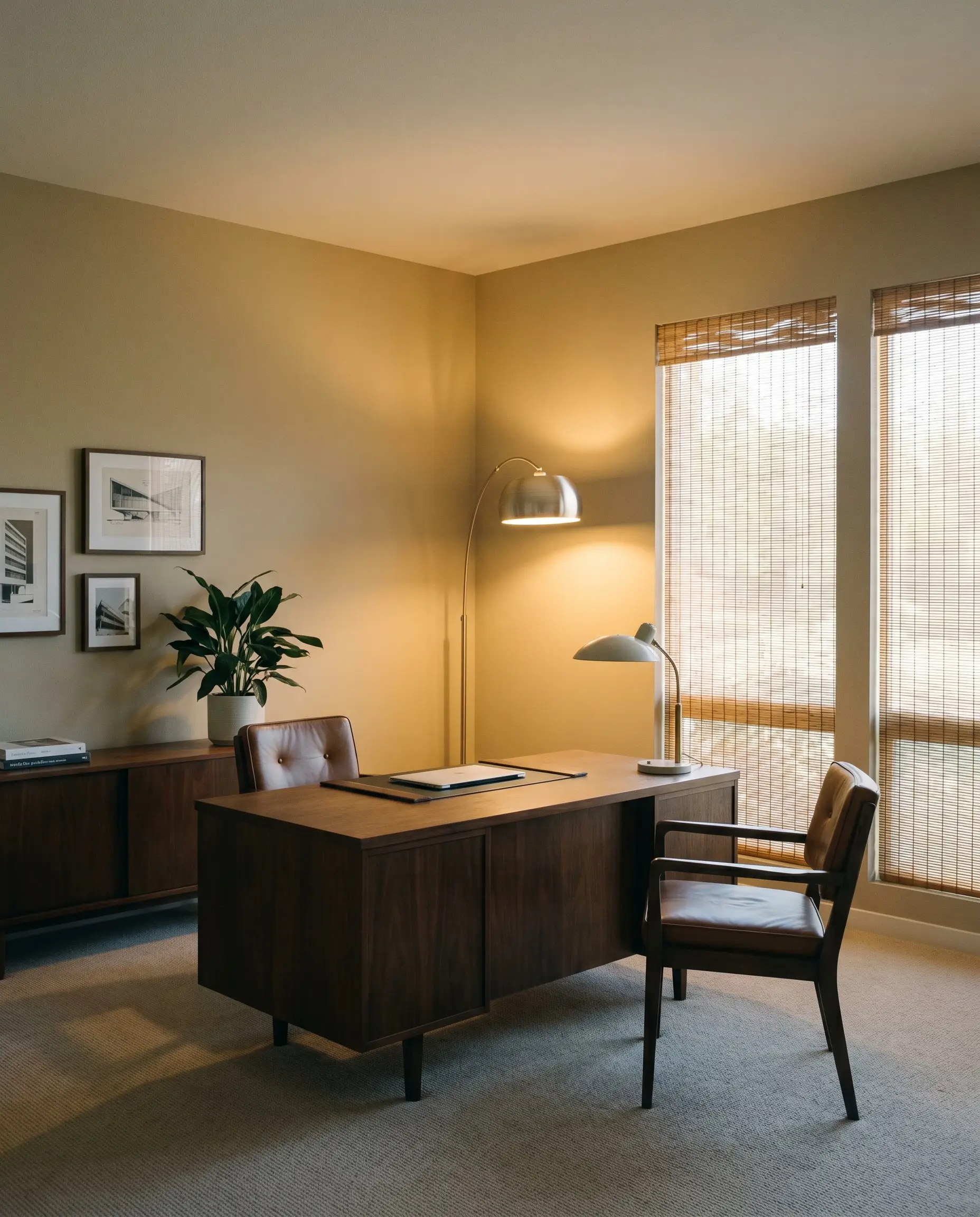 A sophisticated home office painted in Sherwin-Williams Quinoa (Hex #CFB597) contains a dark walnut desk, woven window shades, and a strategically placed floor lamp.