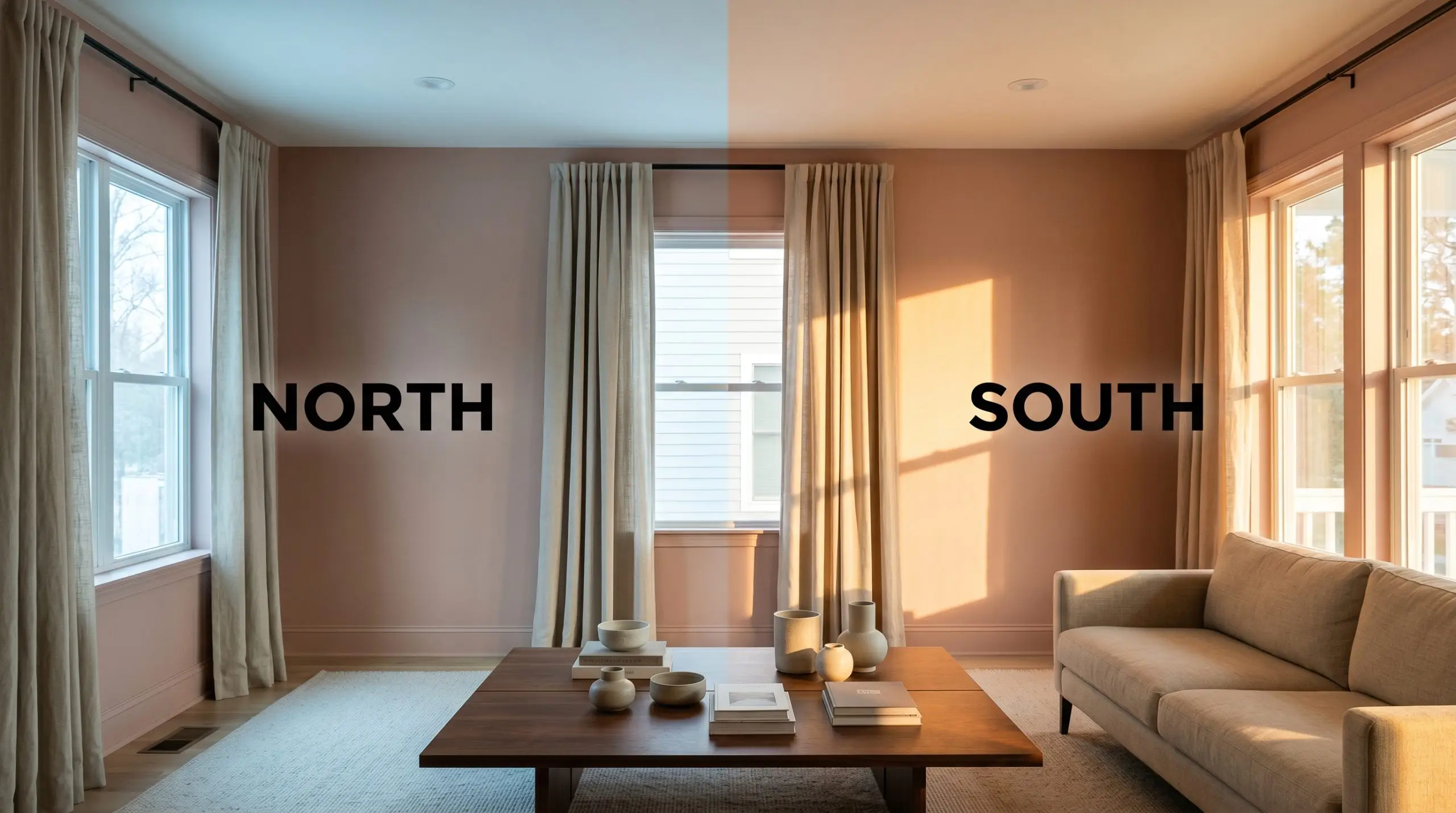 A minimalist living room painted in Dead Salmon demonstrates color shifting, moving from icy blue-tinted Northern light to vibrant golden Southern exposure.