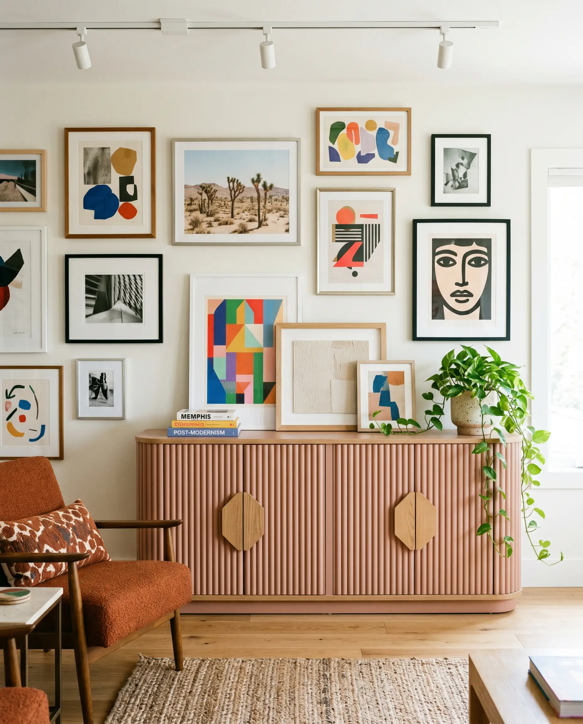 A fluted media console with oversized geometric wood hardware stands against a stark gallery wall alongside framed abstract art and a trailing pothos plant.