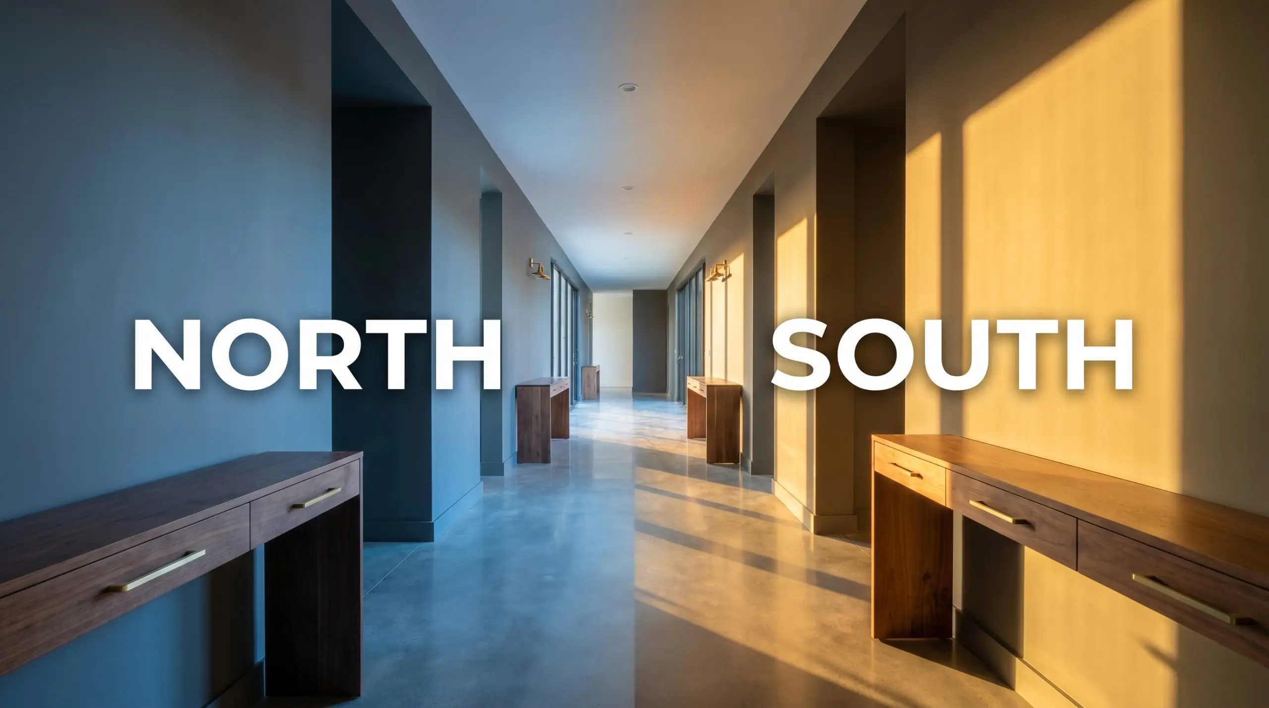 A continuous minimalist hallway shifts from chilly indirect Northern light to warm golden Southern exposure across dark greige walls and walnut console tables.