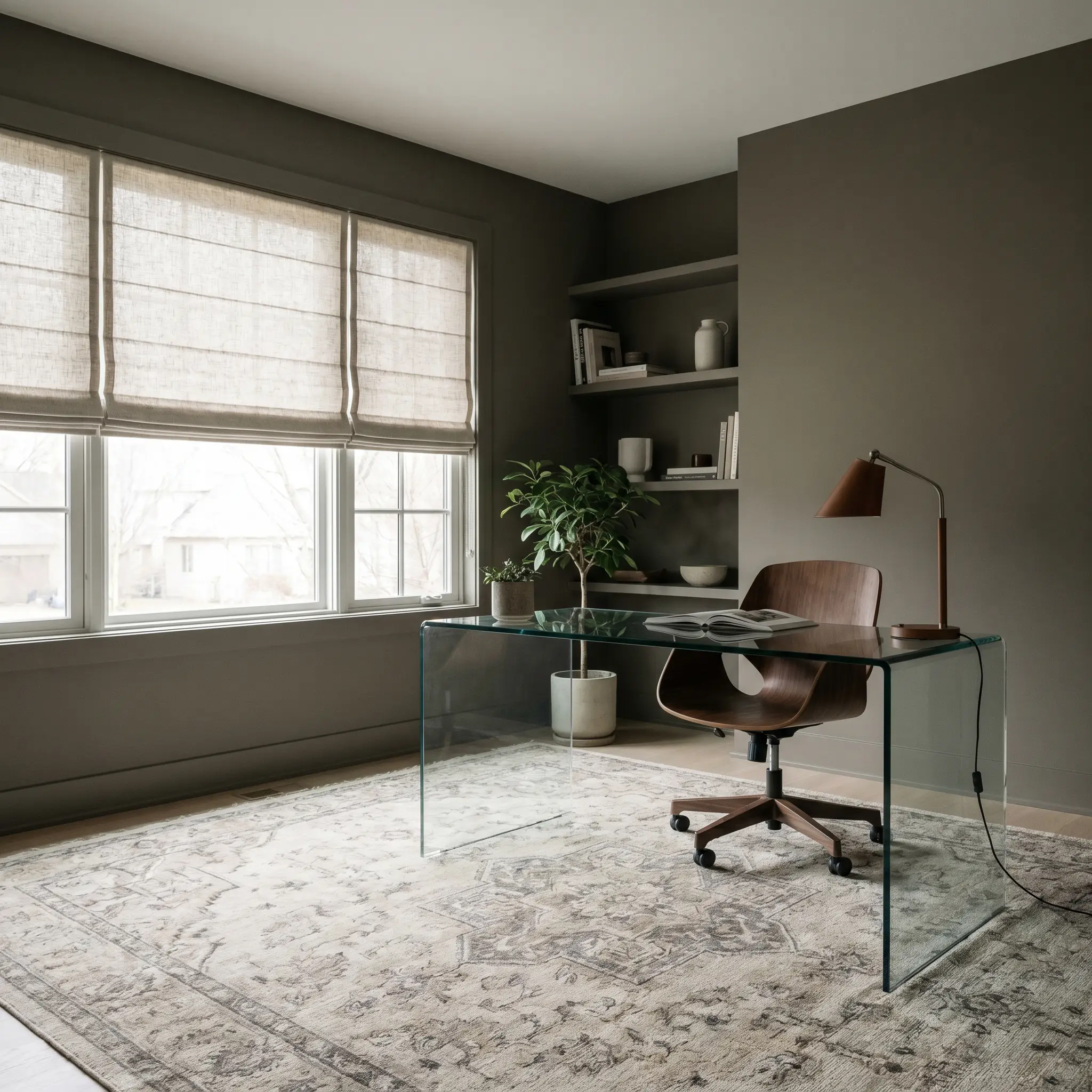 A modern glass desk and dark walnut ergonomic chair sit on a vintage wool rug surrounded by quiet luxury chalky brown-gray walls.